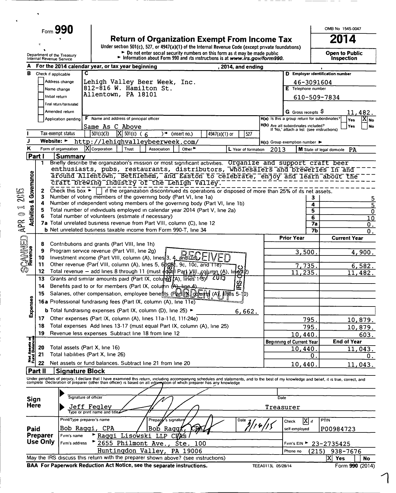 Image of first page of 2014 Form 990O for Lehigh Valley Beer Week