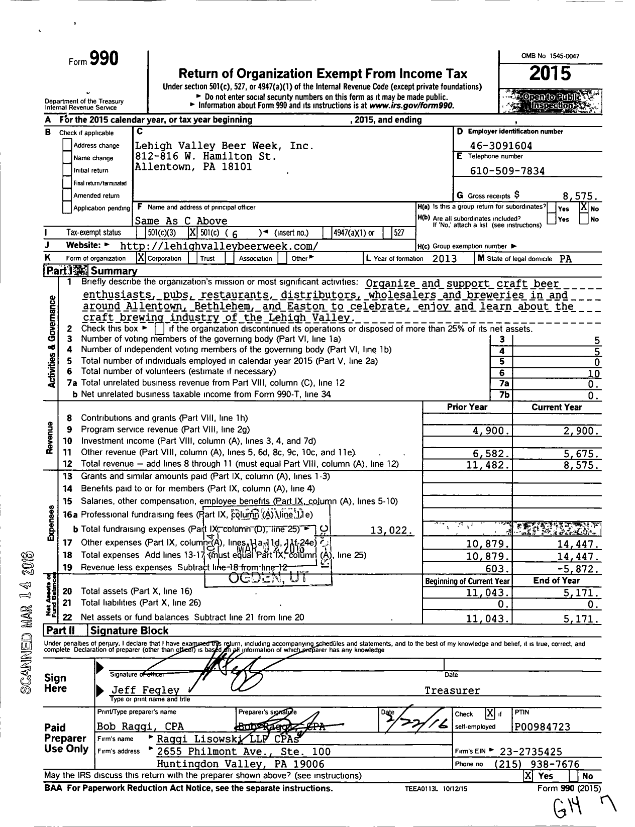 Image of first page of 2015 Form 990O for Lehigh Valley Beer Week