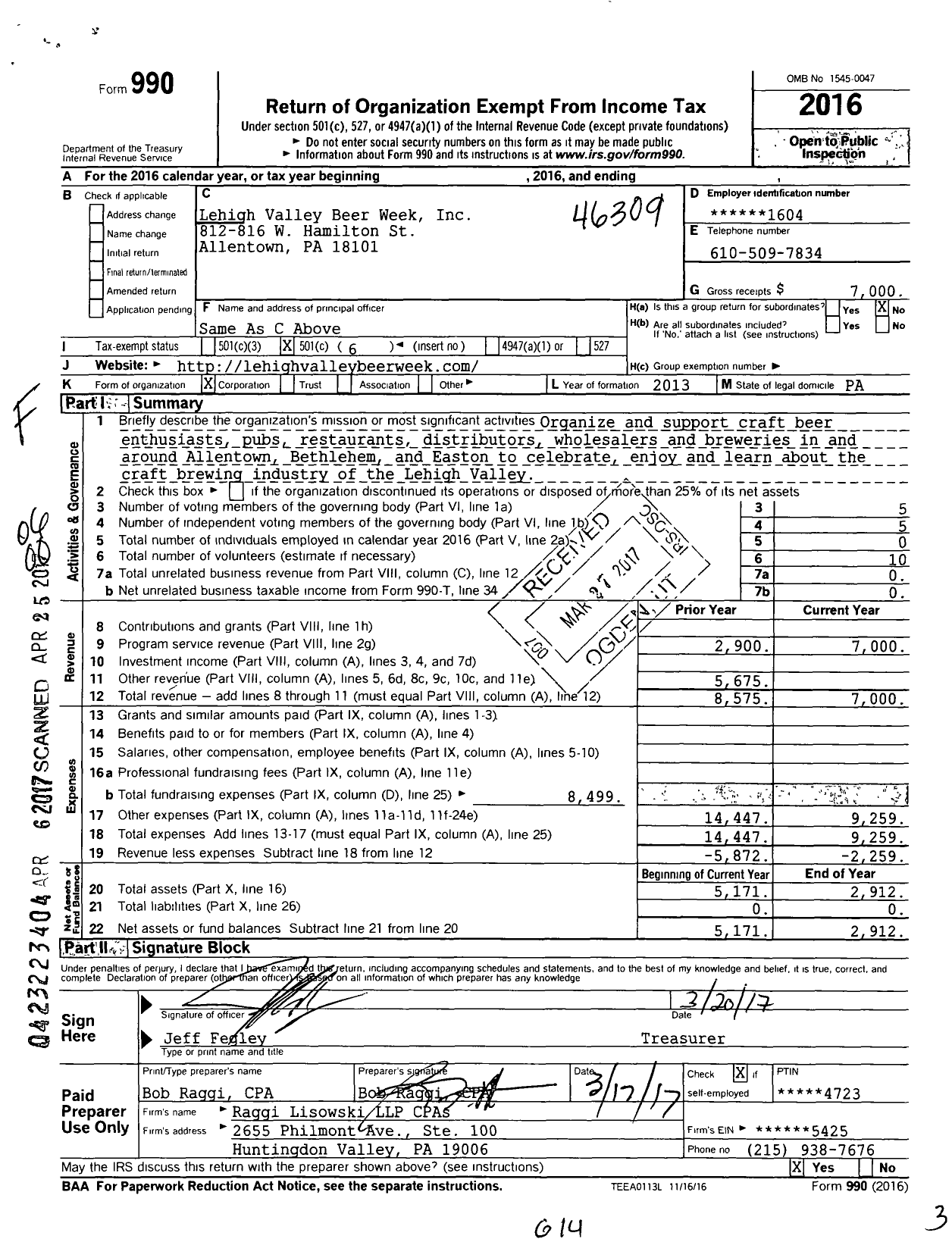 Image of first page of 2016 Form 990O for Lehigh Valley Beer Week