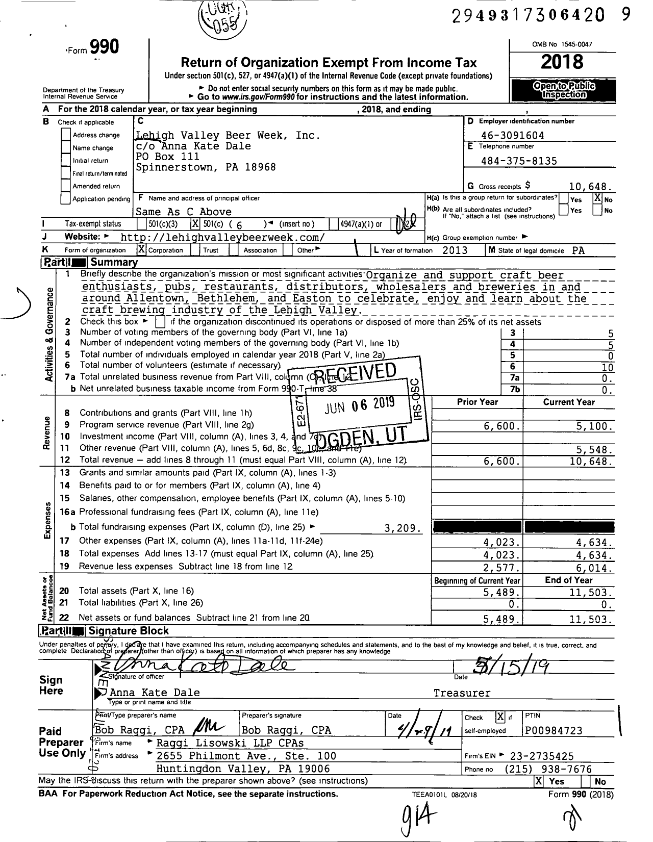 Image of first page of 2018 Form 990O for Lehigh Valley Beer Week