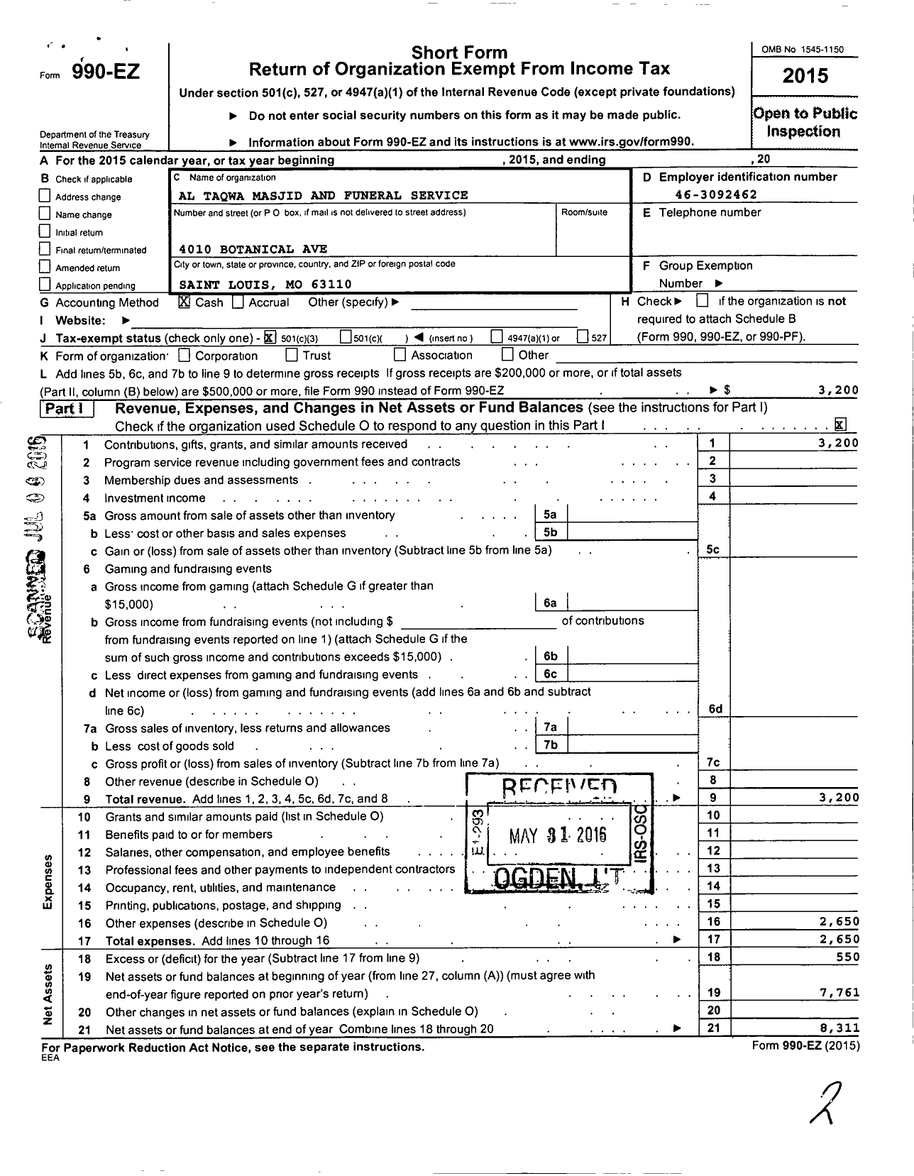 Image of first page of 2015 Form 990EZ for Al Taqwa Masjid and Funeral Service