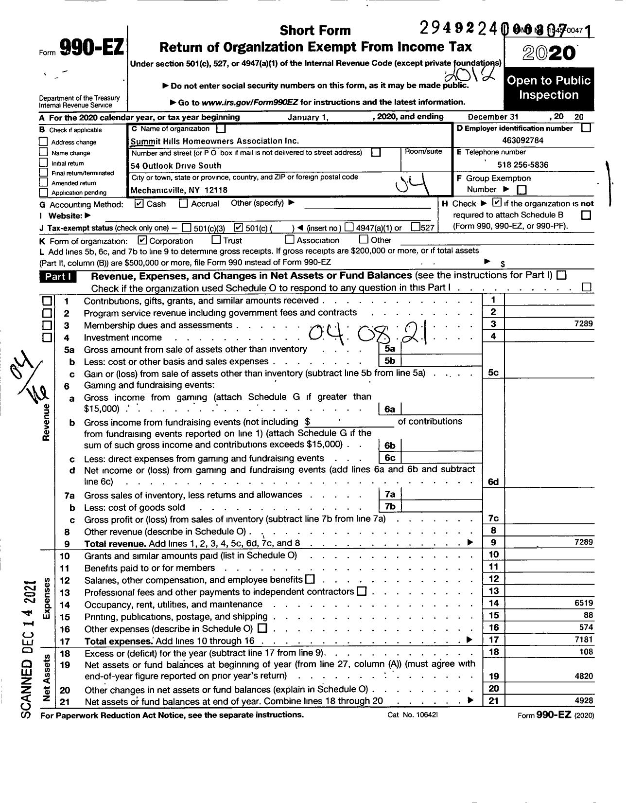 Image of first page of 2020 Form 990EO for Summit Hills Homeowners Association