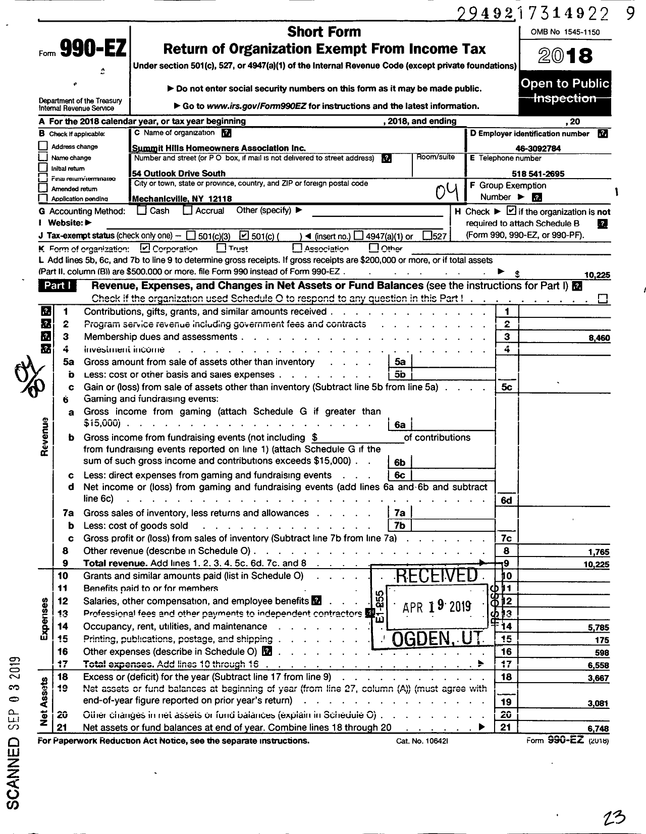 Image of first page of 2018 Form 990EO for Summit Hills Homeowners Association