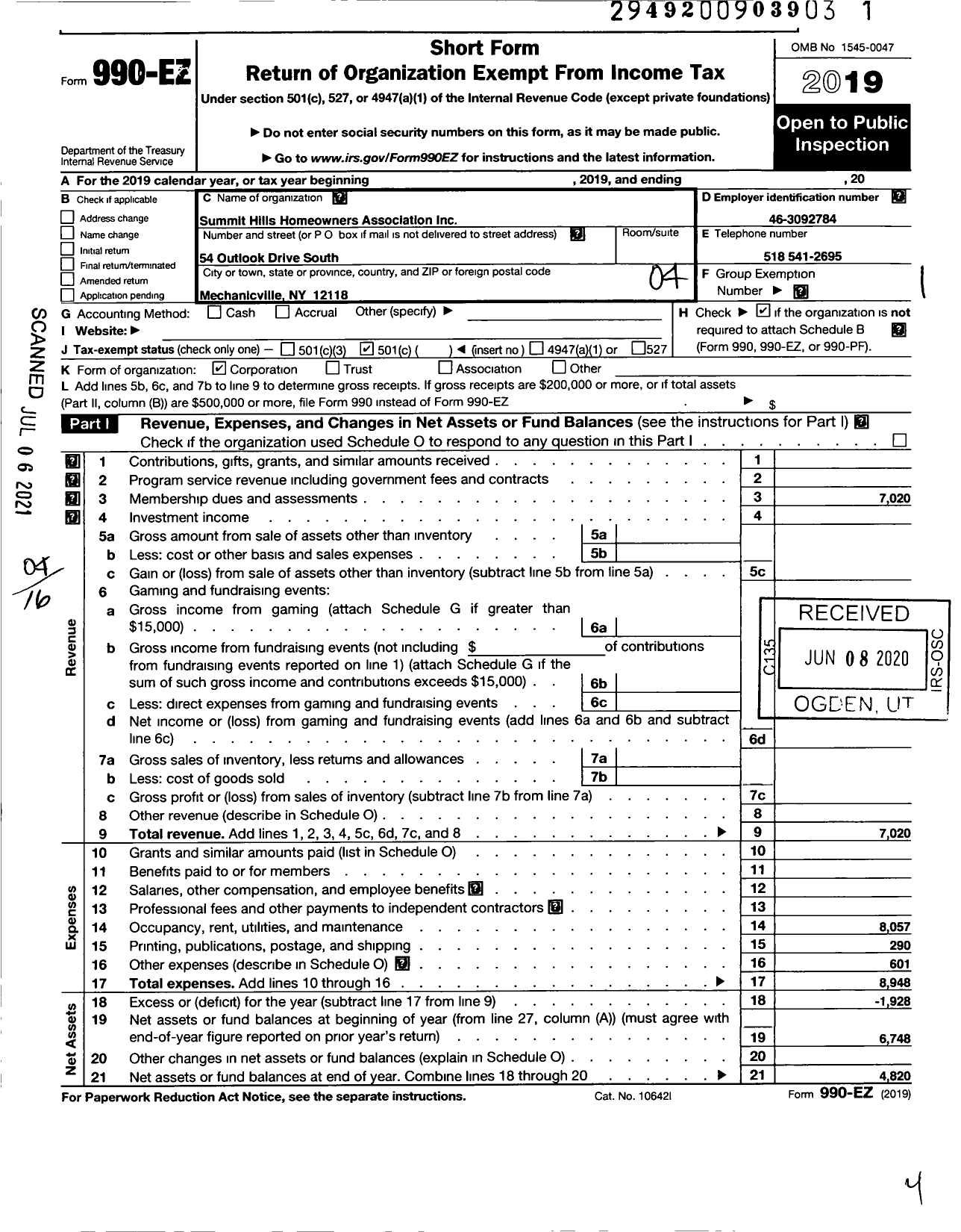 Image of first page of 2019 Form 990EO for Summit Hills Homeowners Association