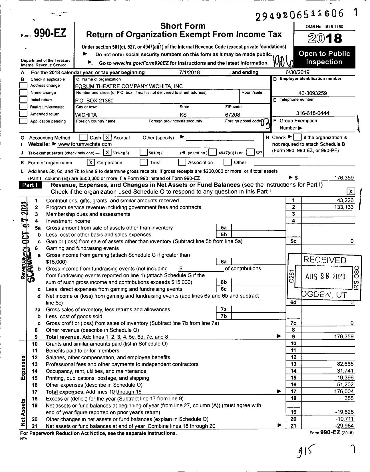 Image of first page of 2018 Form 990EZ for Forum Theatre Company Wichita