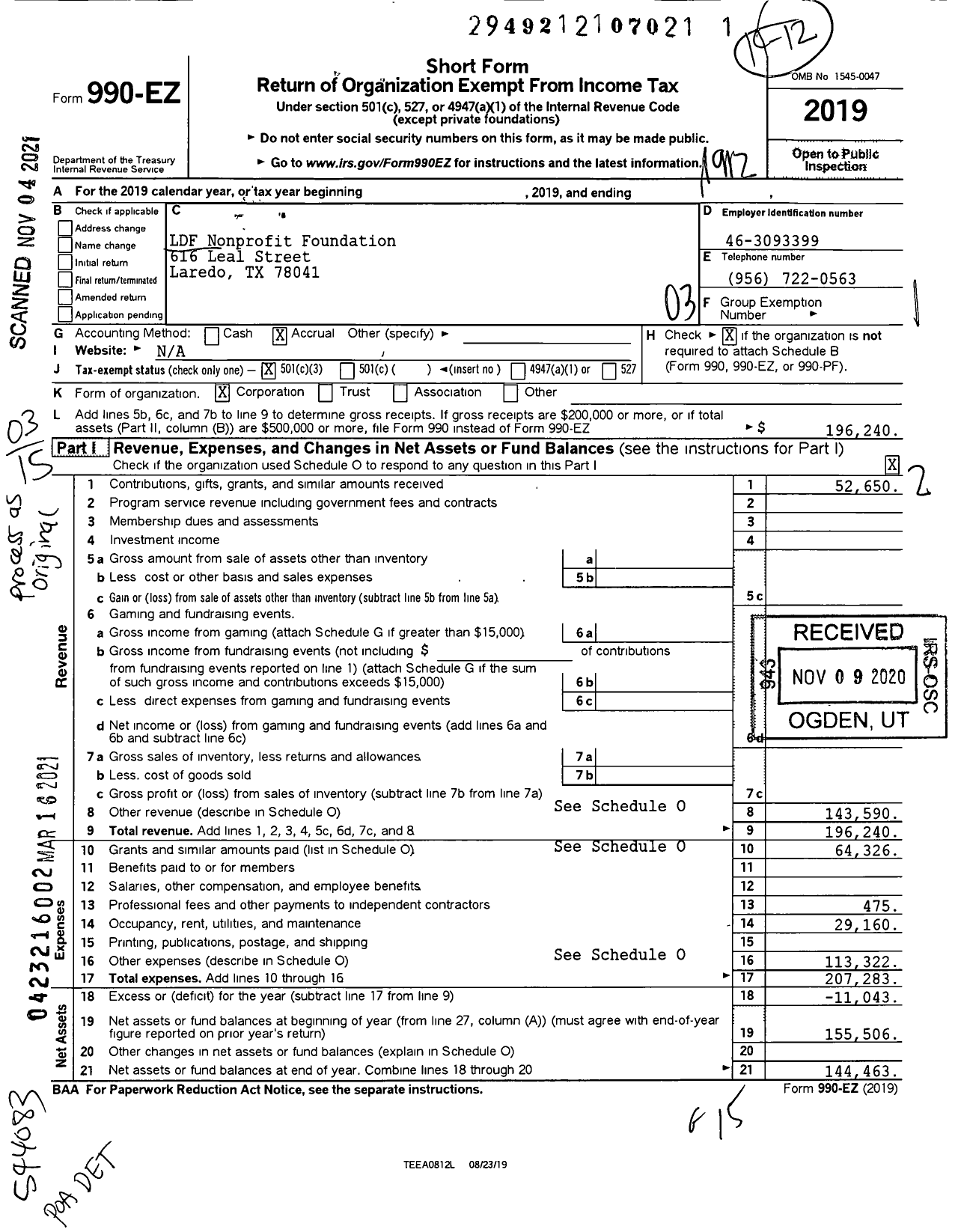 Image of first page of 2019 Form 990EZ for LDF Nonprofit Foundation