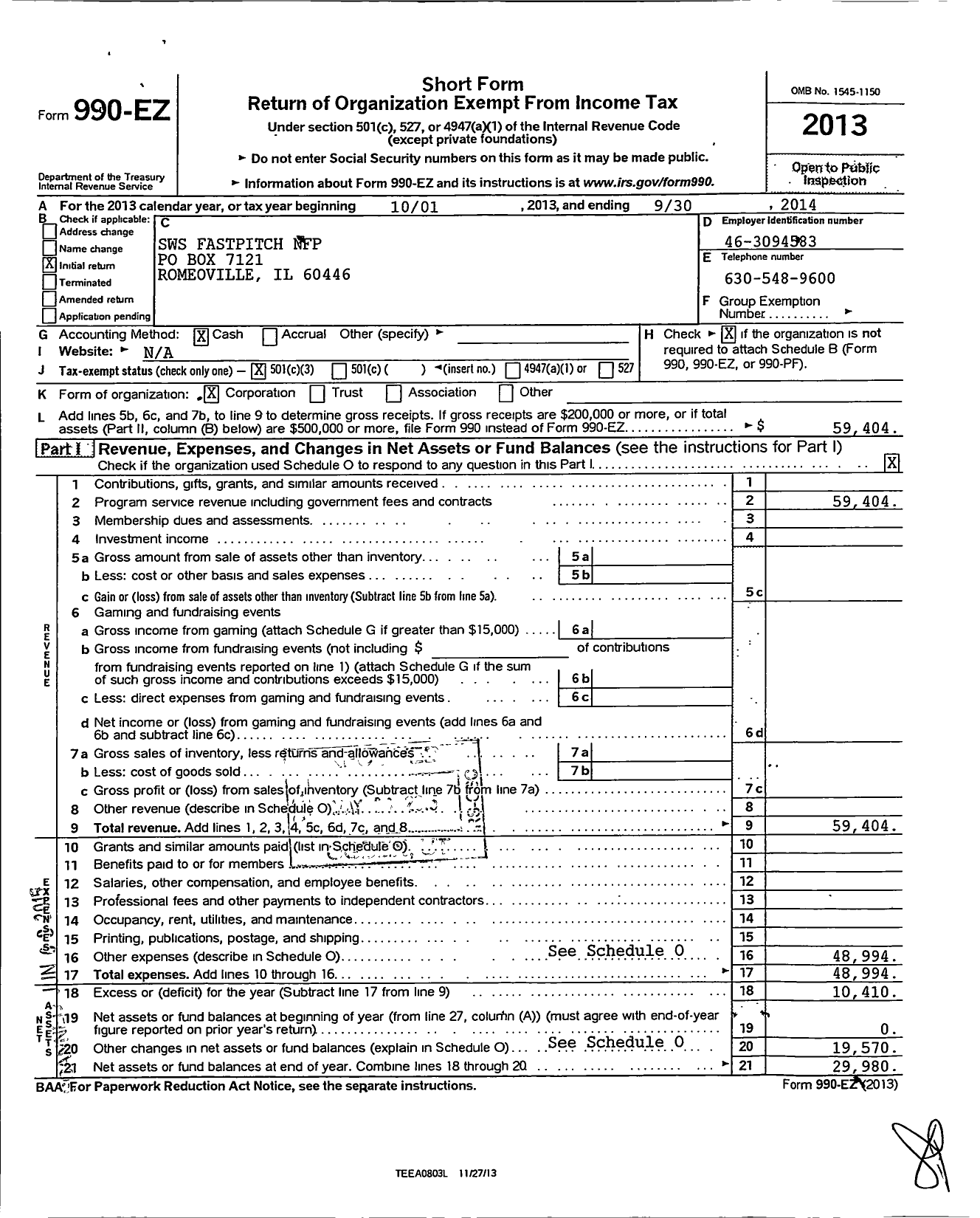 Image of first page of 2013 Form 990EZ for SWS Fastpitch NFP