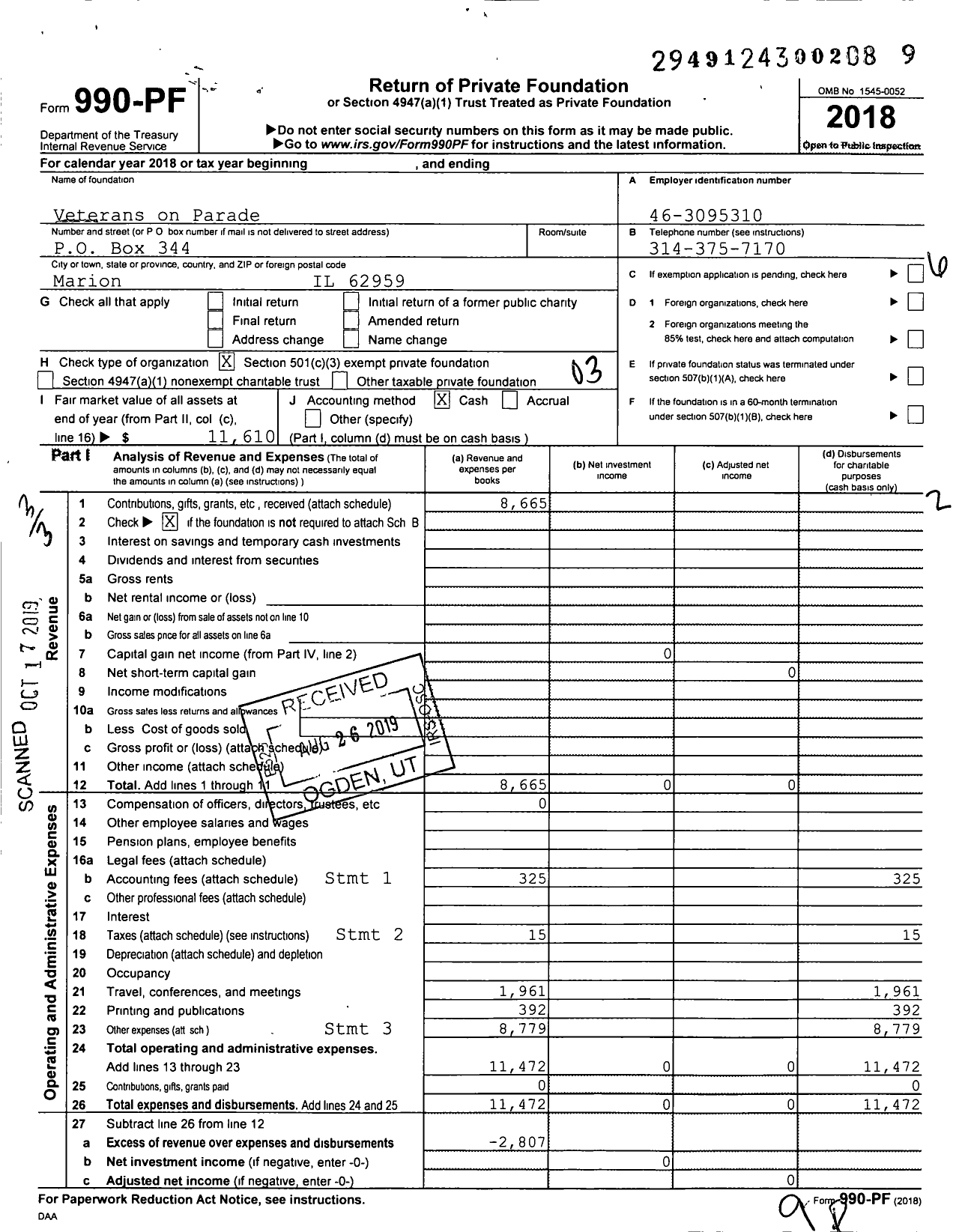 Image of first page of 2018 Form 990PF for Veterans on Parade