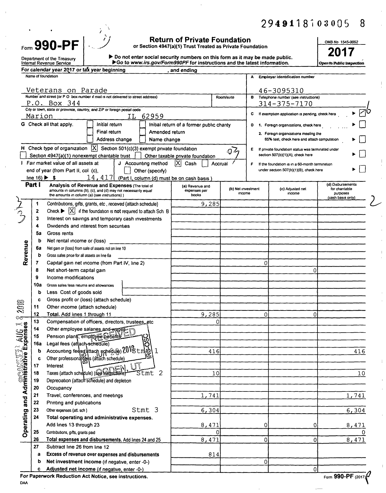 Image of first page of 2017 Form 990PF for Veterans on Parade