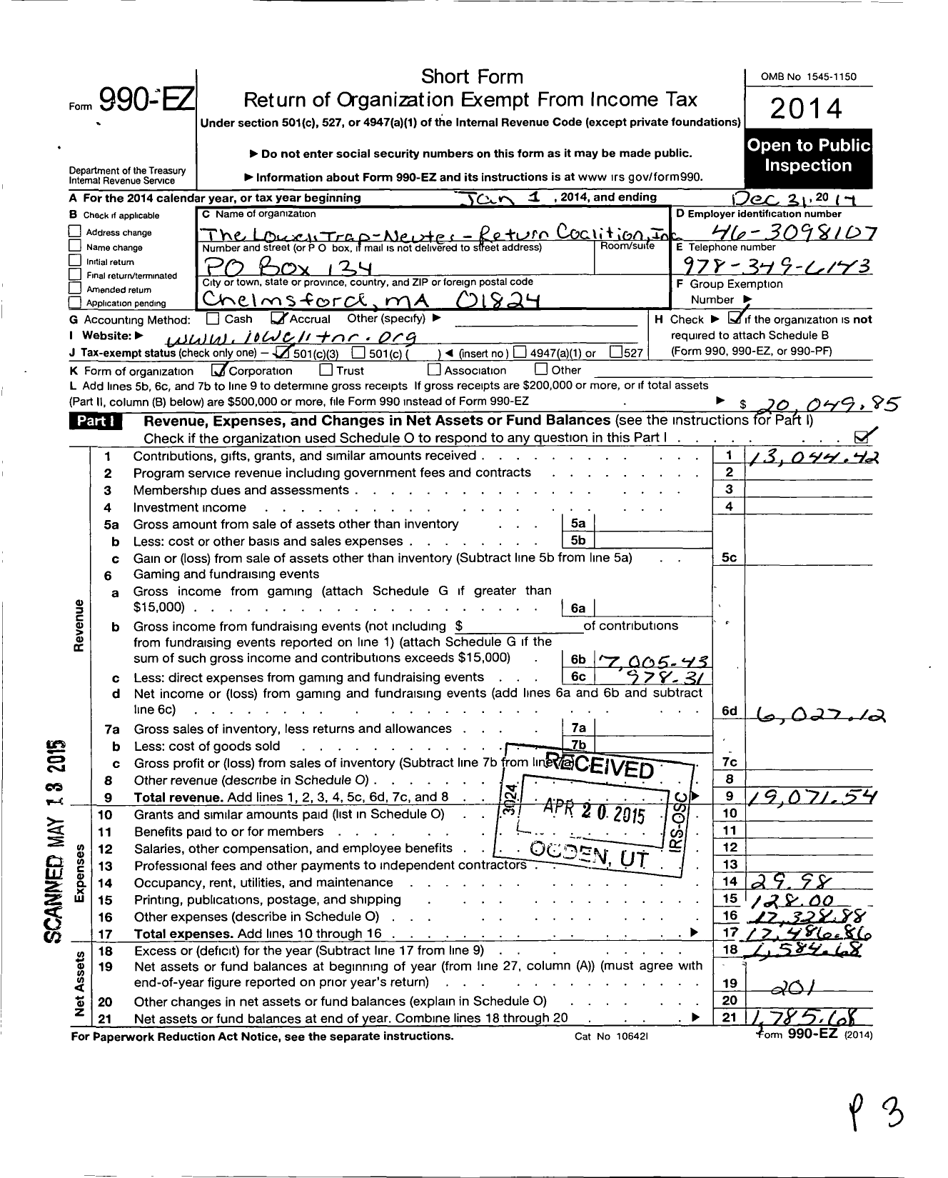 Image of first page of 2014 Form 990EZ for Lowell Trap-Neuter-Return Coalition