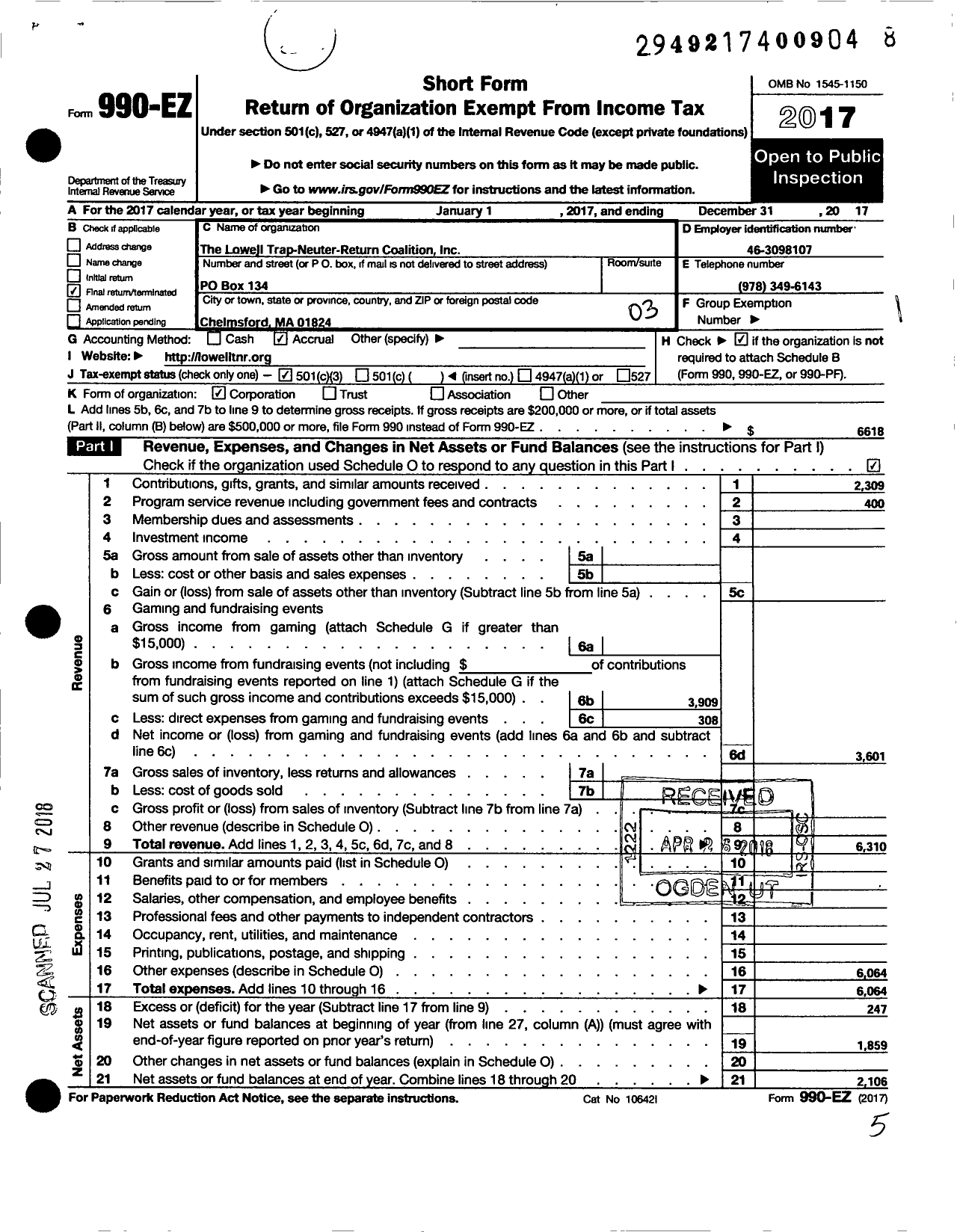 Image of first page of 2017 Form 990EZ for Lowell Trap-Neuter-Return Coalition