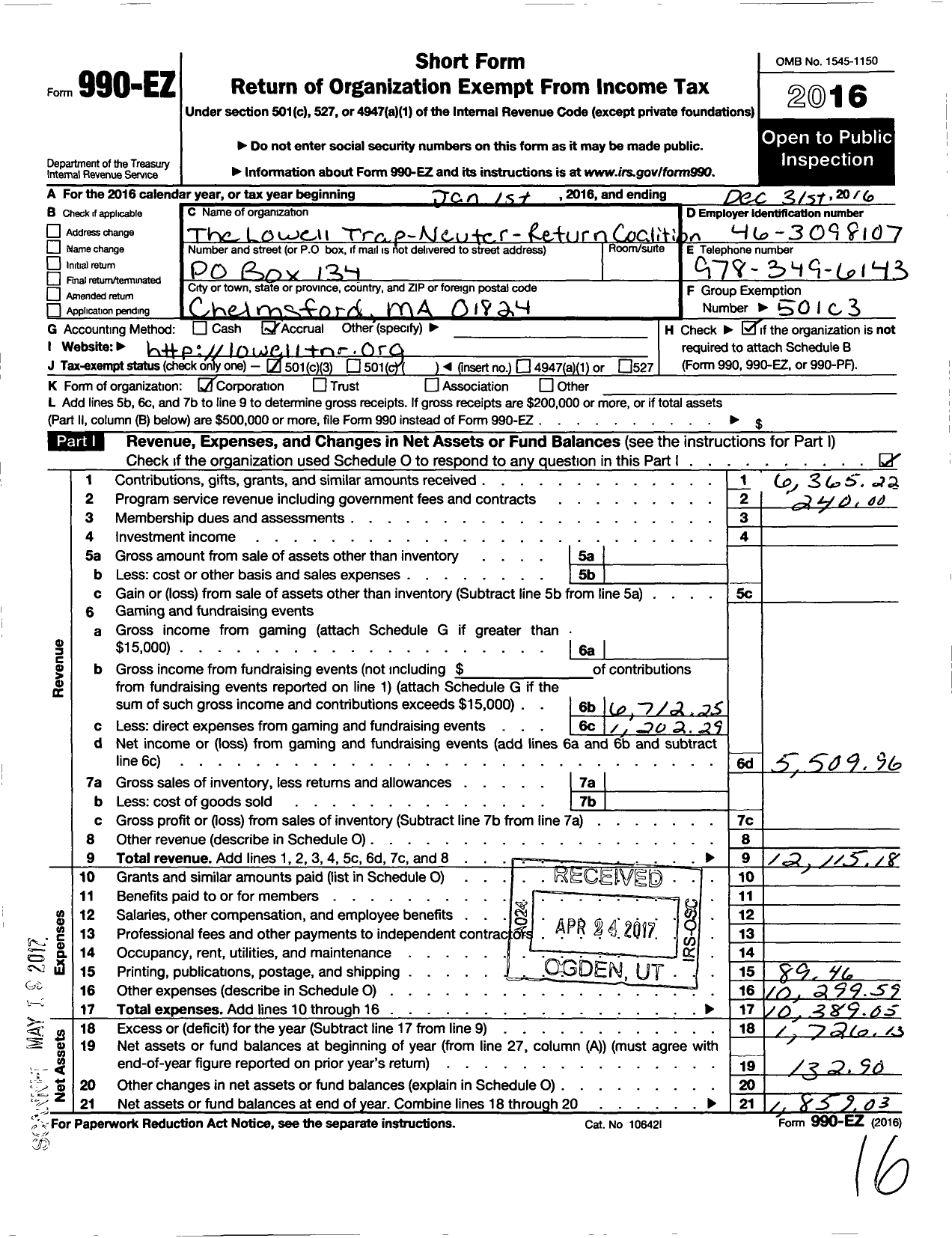 Image of first page of 2016 Form 990EZ for Lowell Trap-Neuter-Return Coalition