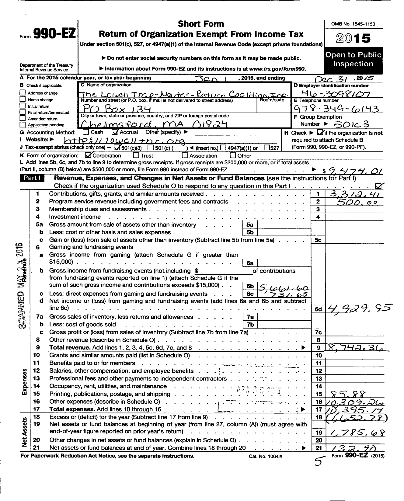 Image of first page of 2015 Form 990EZ for Lowell Trap-Neuter-Return Coalition