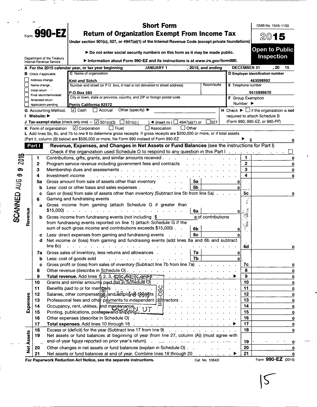 Image of first page of 2015 Form 990EZ for Knit and Stitch Club