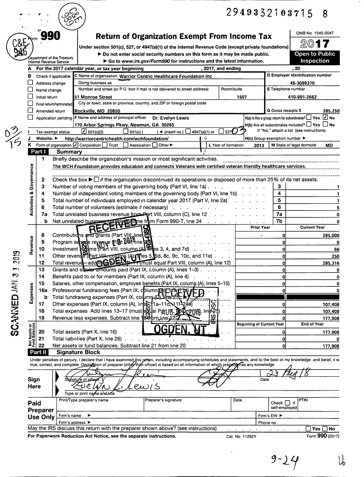 Image of first page of 2017 Form 990 for Veterans Health and Wellness Foundation