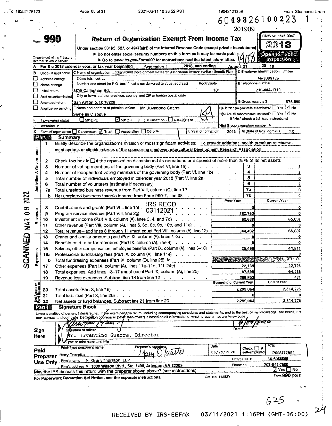 Image of first page of 2018 Form 990O for Intercultural Development Research Association Retiree Welfare Benefit Plan