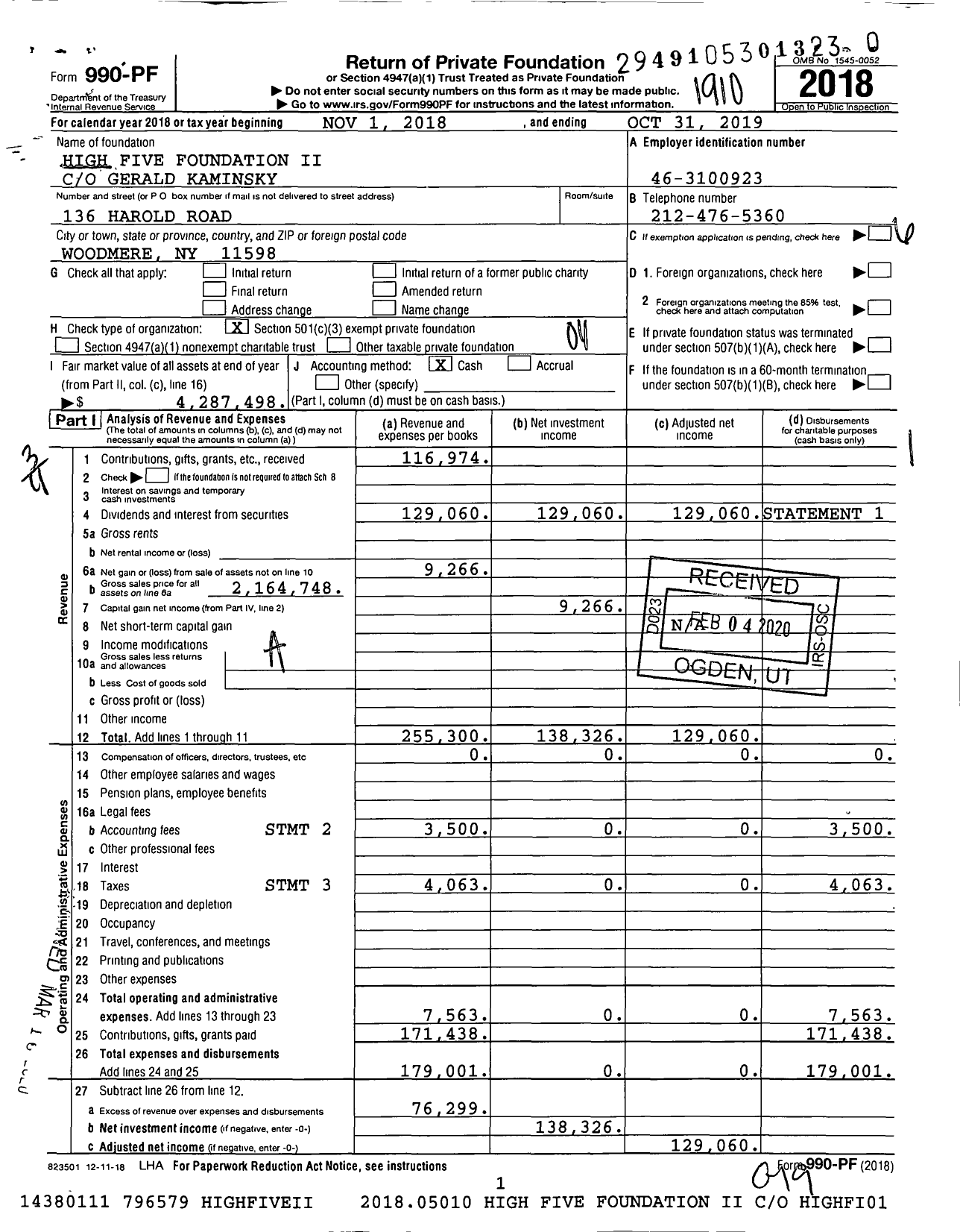 Image of first page of 2018 Form 990PR for High Five Foundation Ii