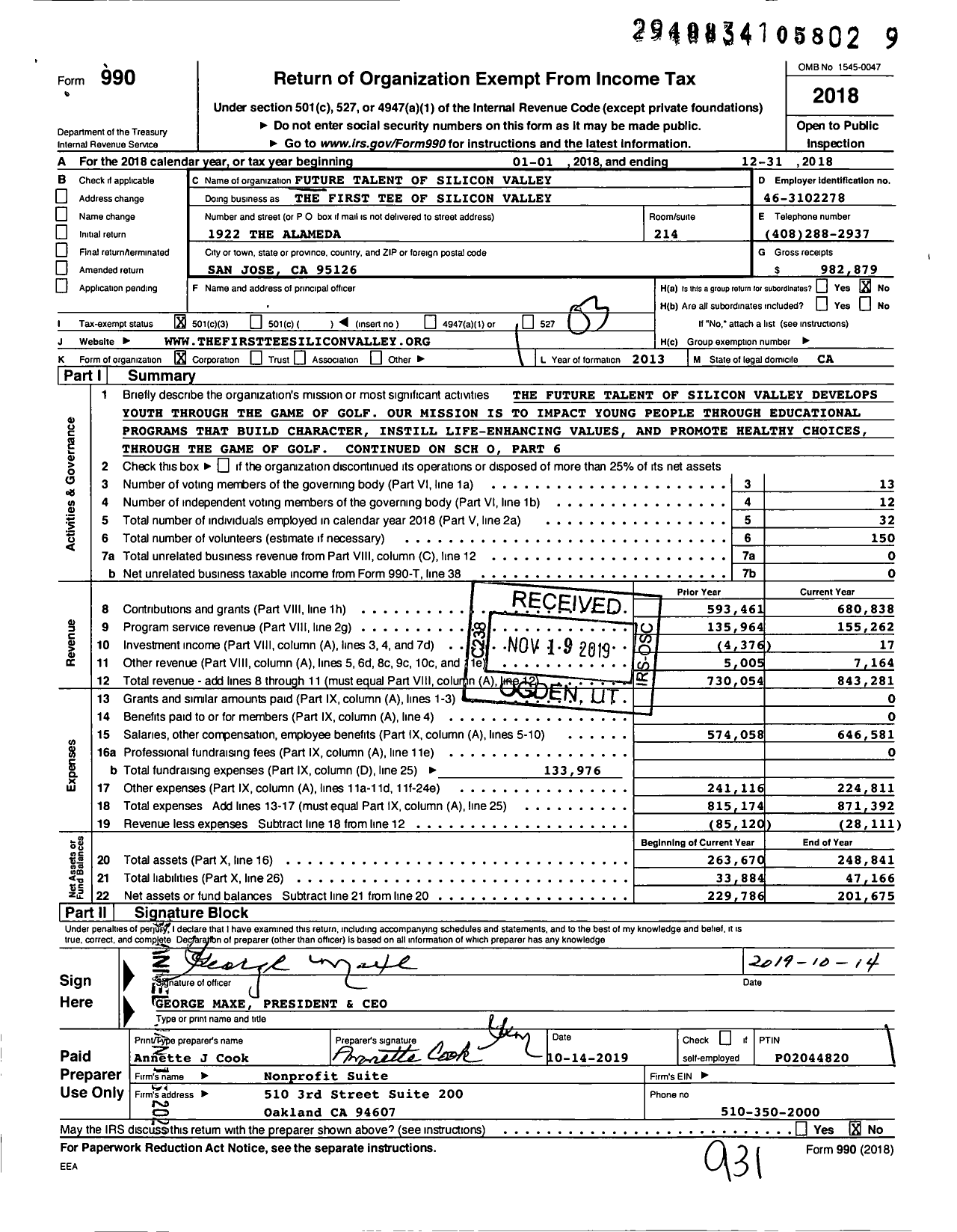 Image of first page of 2018 Form 990 for The First Tee of Silicon Valley