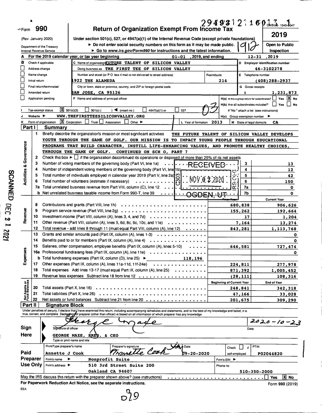 Image of first page of 2019 Form 990 for The First Tee of Silicon Valley
