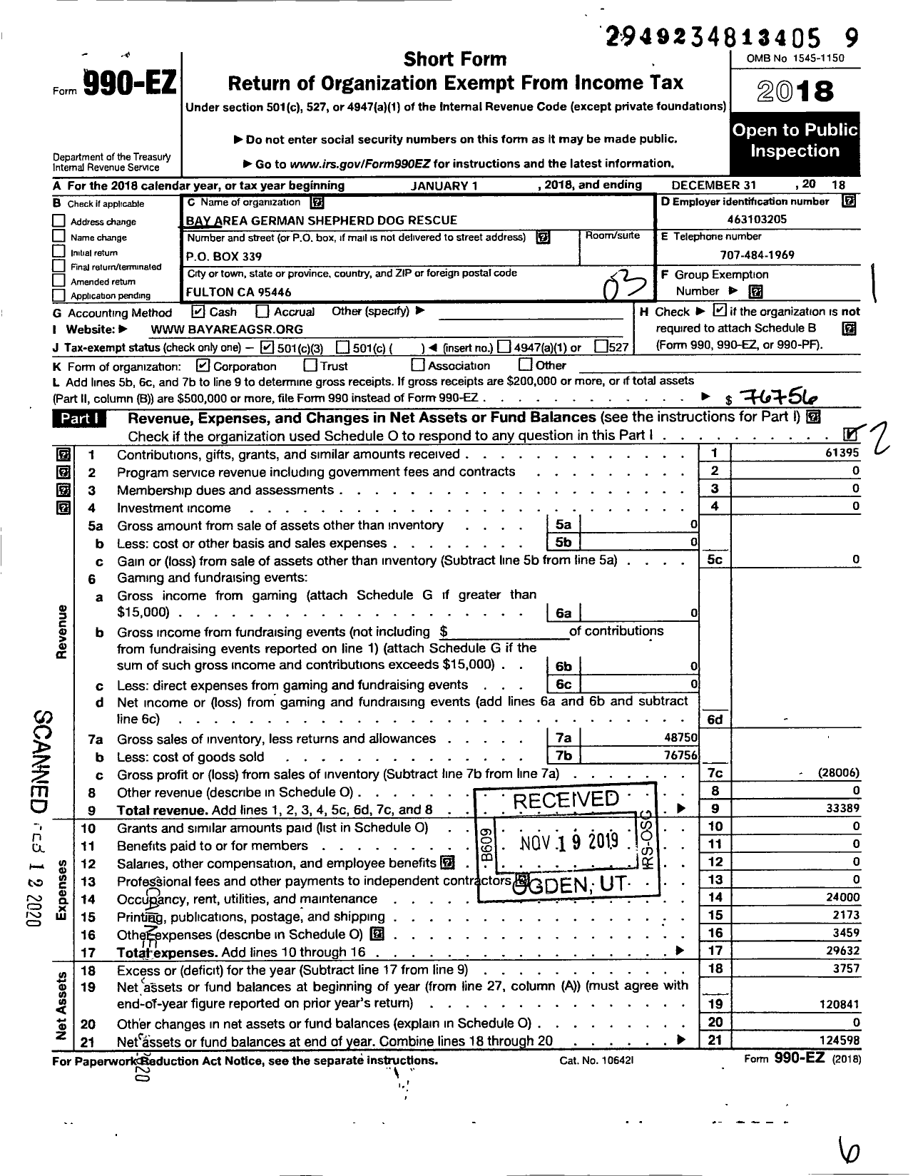 Image of first page of 2018 Form 990EZ for Bay Area German Shepherd Dog Rescue