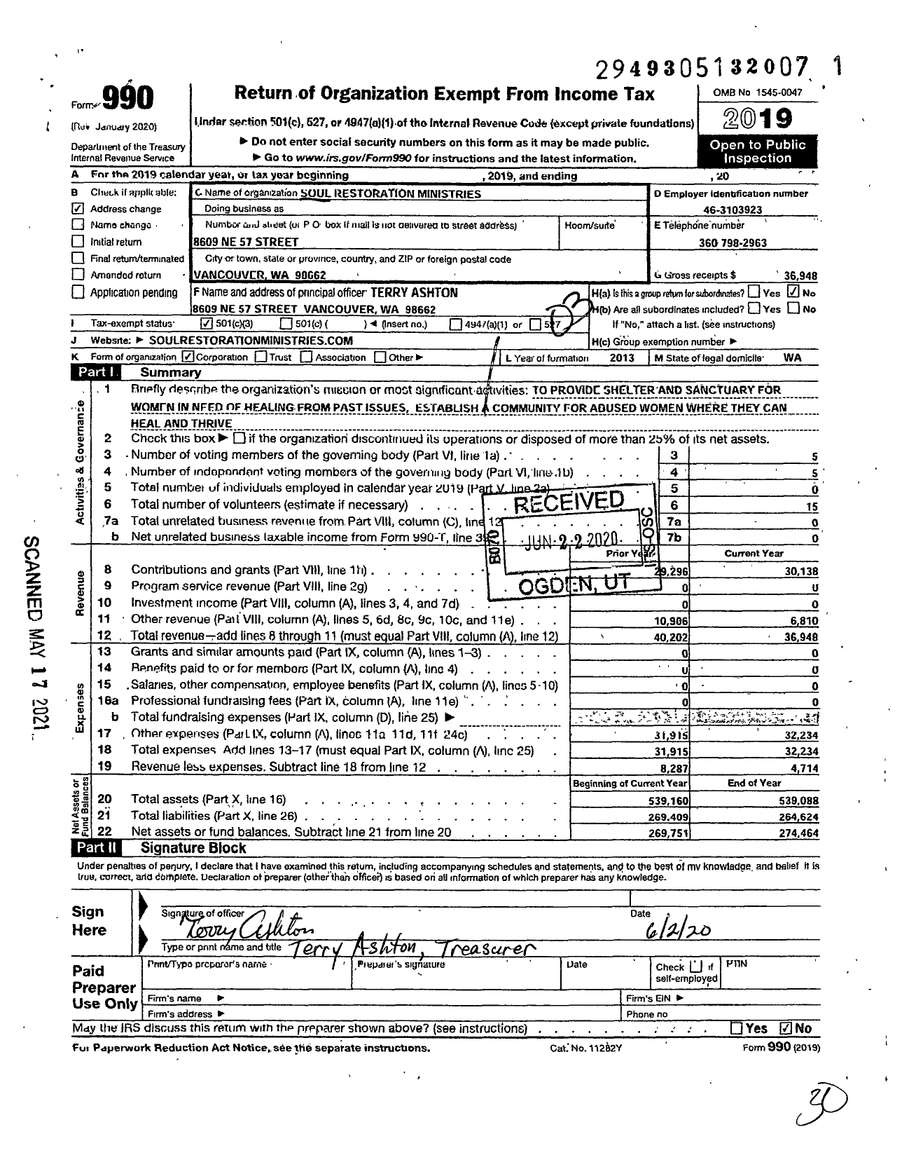 Image of first page of 2019 Form 990 for Soul Restoration Ministries