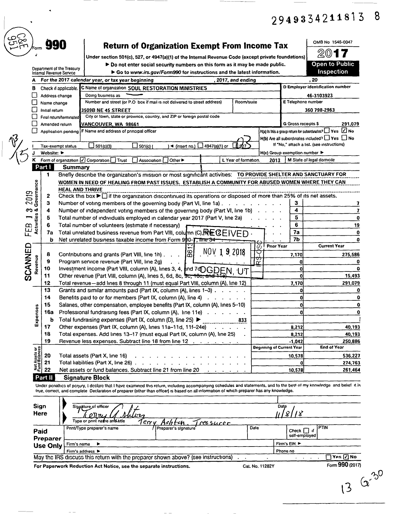 Image of first page of 2017 Form 990 for Soul Restoration Ministries