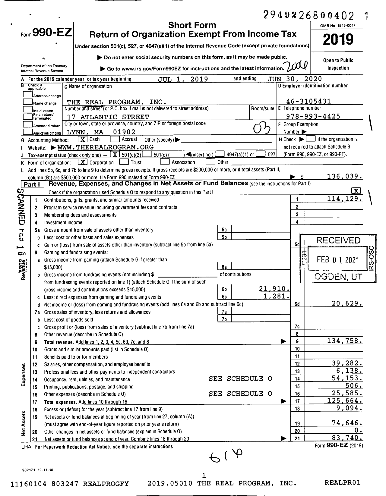 Image of first page of 2019 Form 990EZ for The Real Program