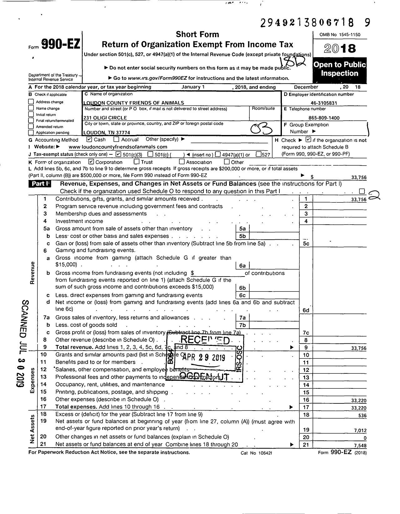 Image of first page of 2018 Form 990EZ for Loudon County Friends of Animals