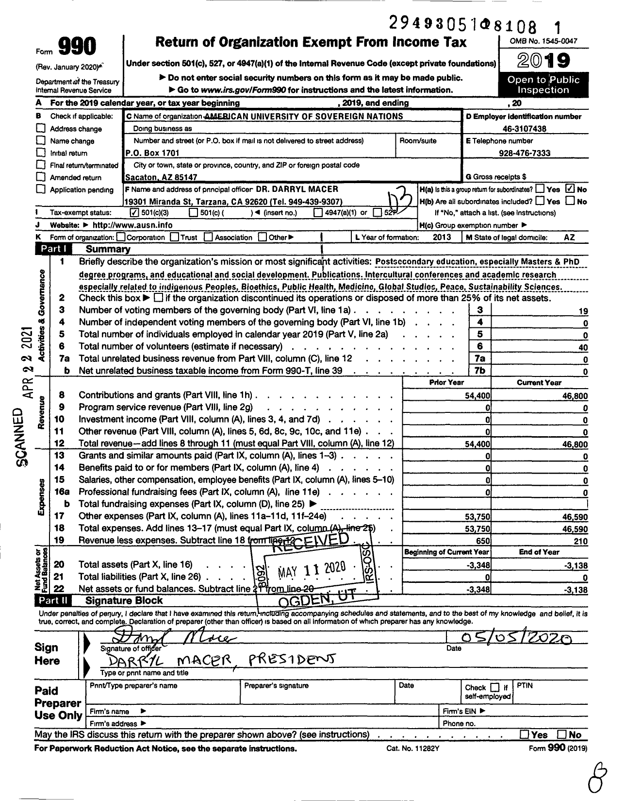 Image of first page of 2019 Form 990 for American University of Sovereign Nations