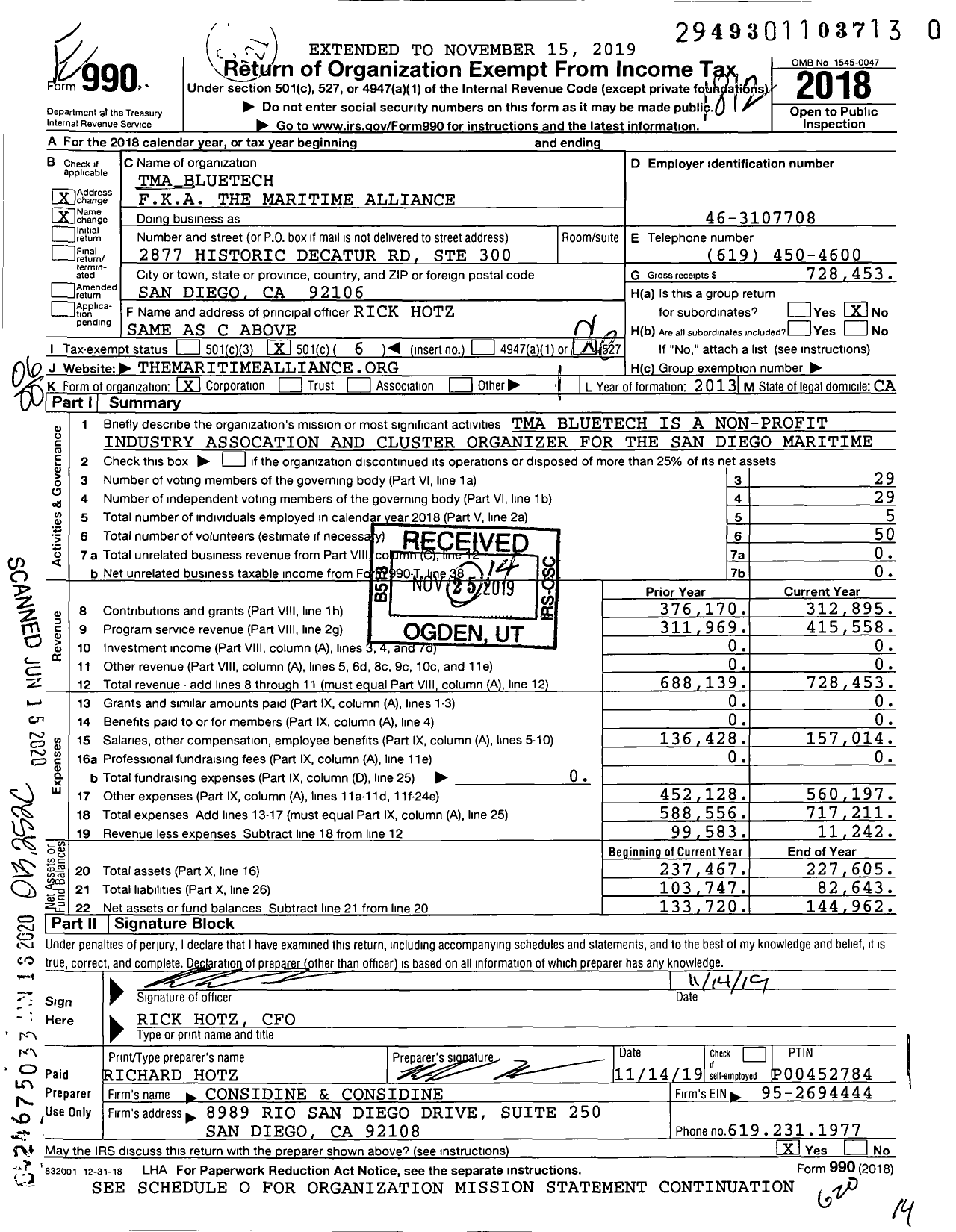 Image of first page of 2018 Form 990O for Tma Bluetech