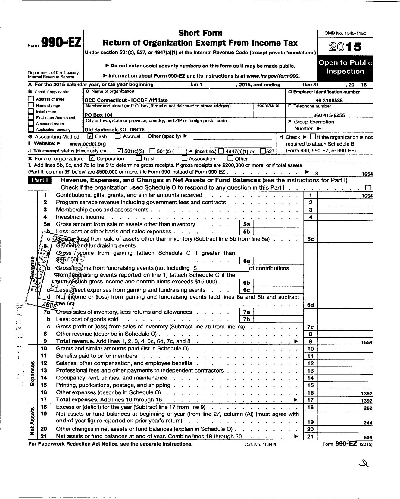 Image of first page of 2015 Form 990EZ for Ocd Connecticut - International Obsessive Compulsive Disorder Foun