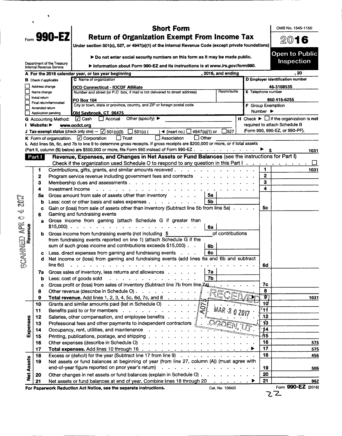 Image of first page of 2016 Form 990EZ for Ocd Connecticut - International Obsessive Compulsive Disorder Foun