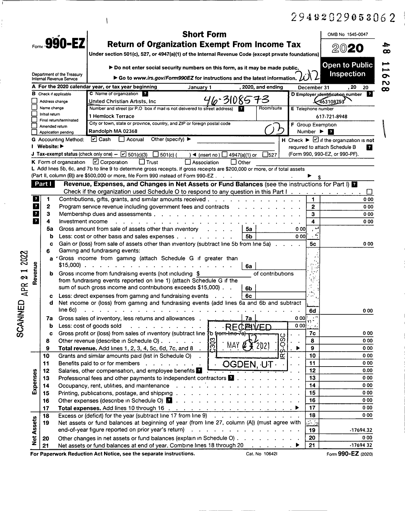Image of first page of 2020 Form 990EZ for United Christian Artists (UCA)