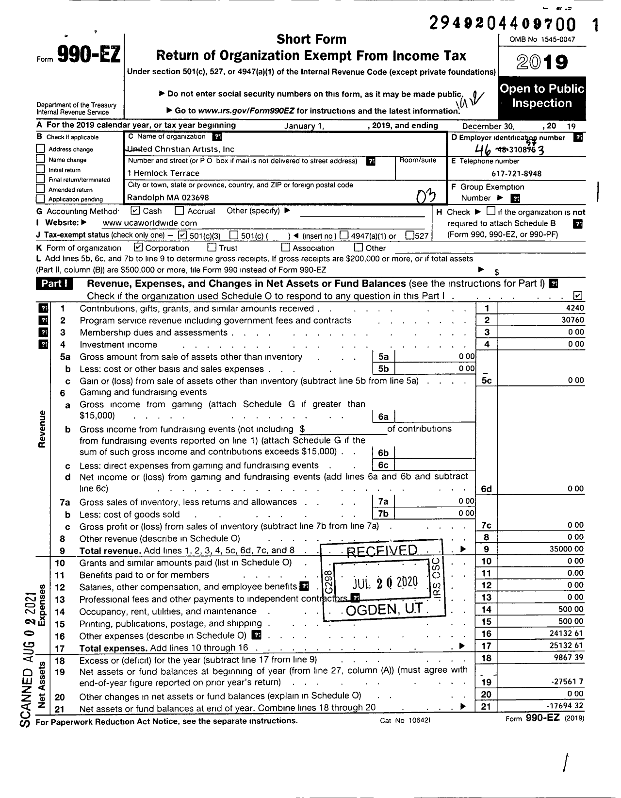 Image of first page of 2019 Form 990EZ for United Christian Artists (UCA)