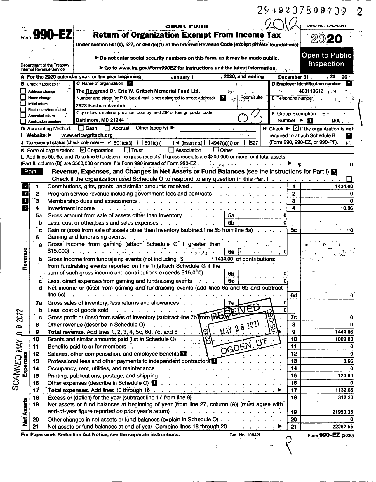 Image of first page of 2020 Form 990EZ for Reverend Dr Eric W Gritsch Memorial Fund