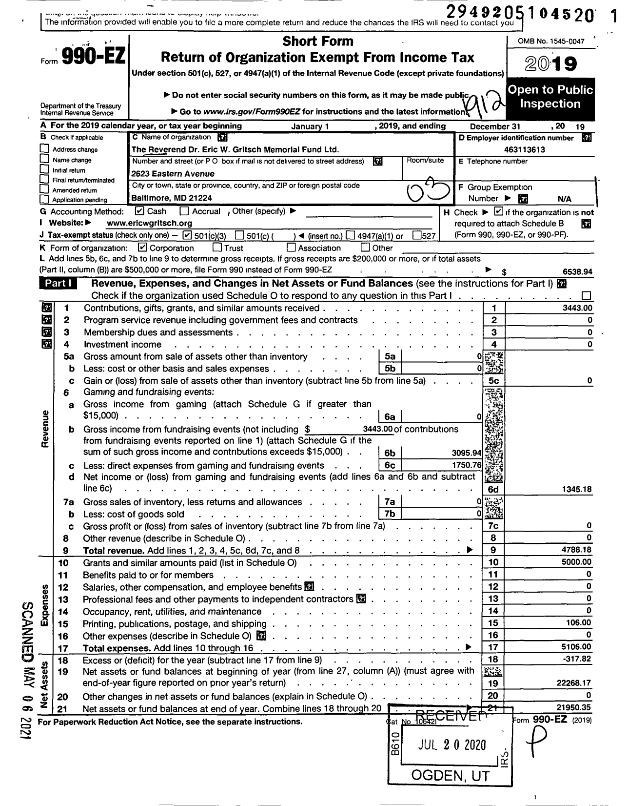 Image of first page of 2019 Form 990EZ for Reverend Dr Eric W Gritsch Memorial Fund