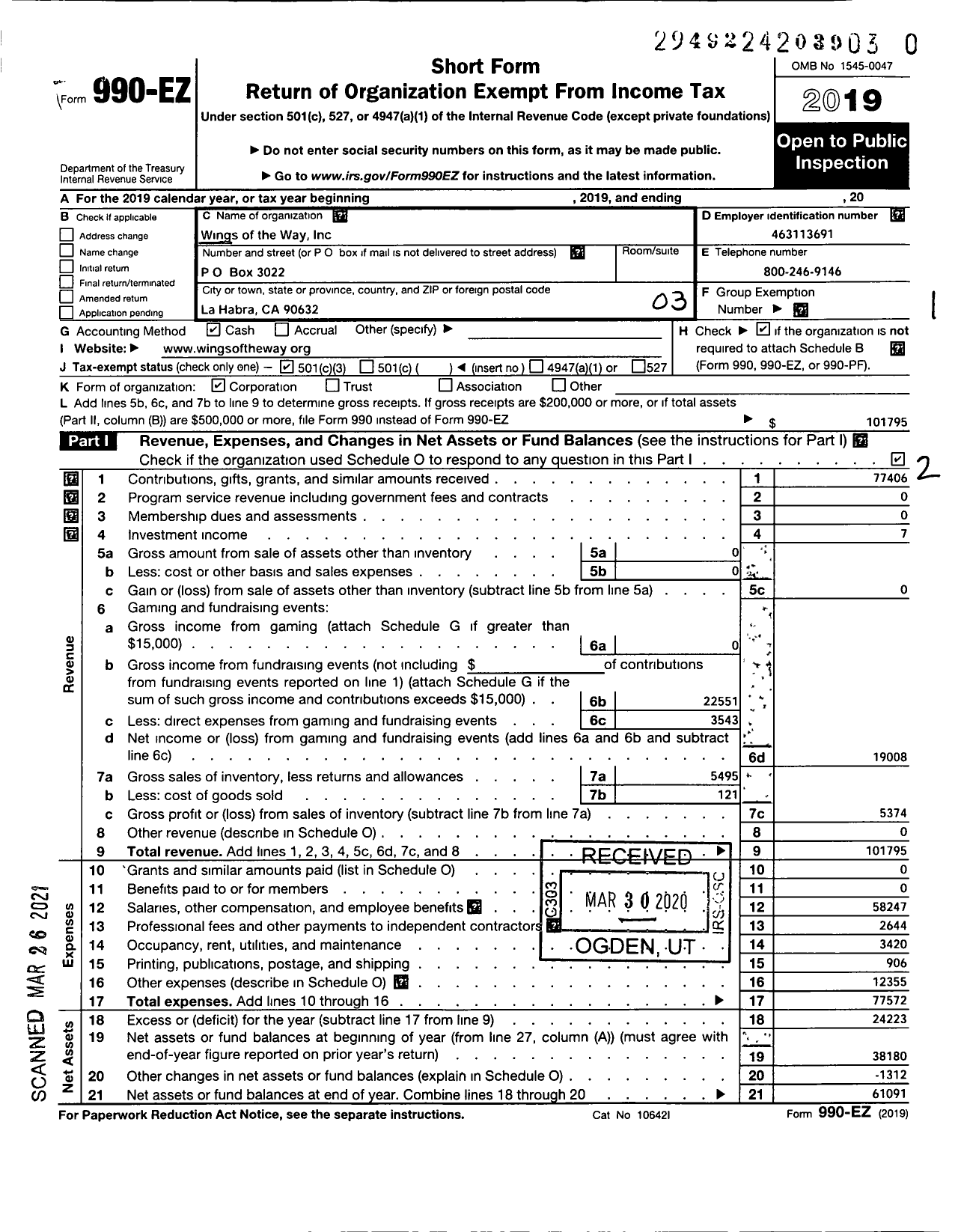 Image of first page of 2019 Form 990EZ for Wings of the Way