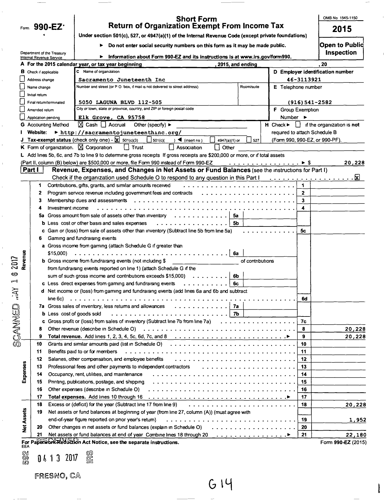 Image of first page of 2015 Form 990EZ for Sacramento Juneteenth