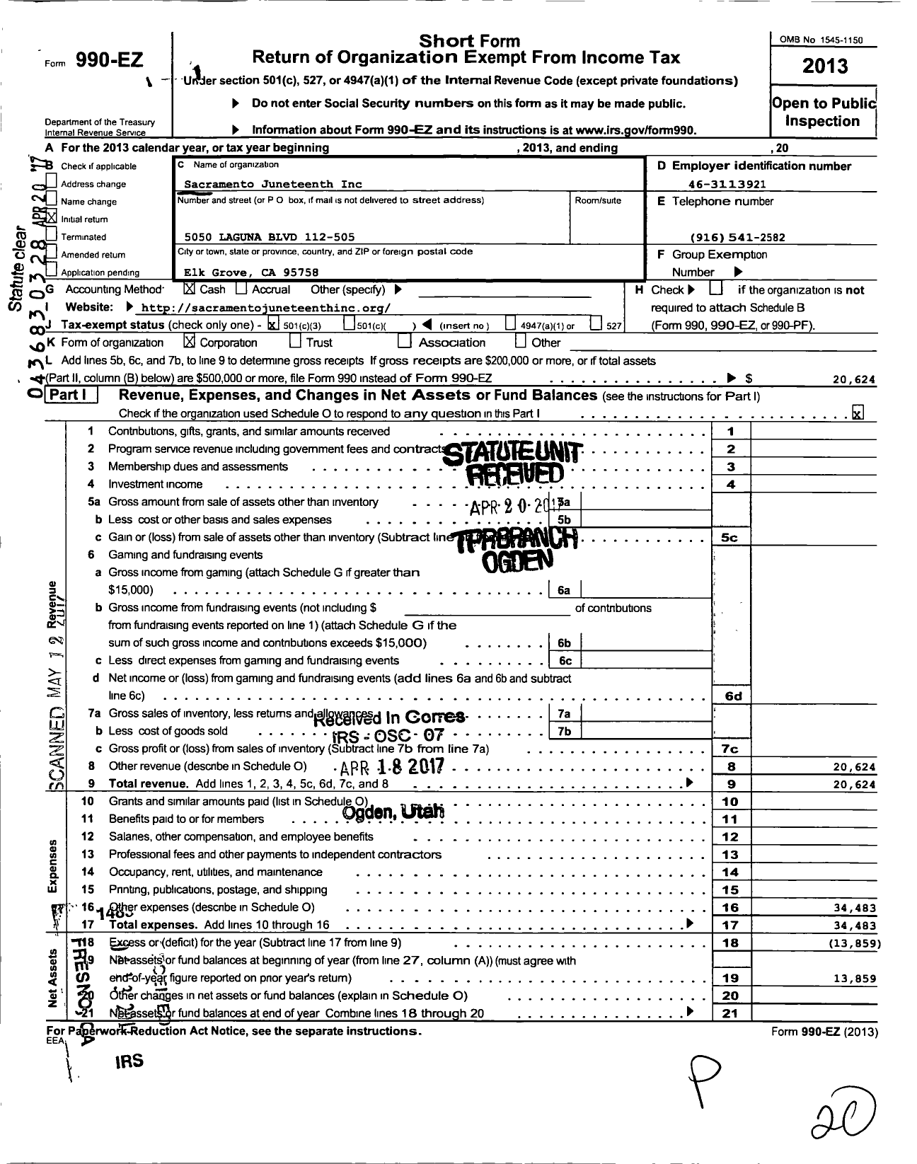 Image of first page of 2013 Form 990EZ for Sacramento Juneteenth