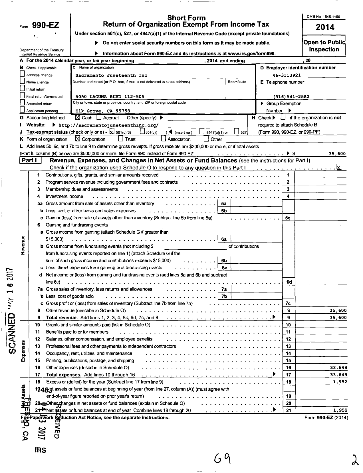 Image of first page of 2014 Form 990EZ for Sacramento Juneteenth