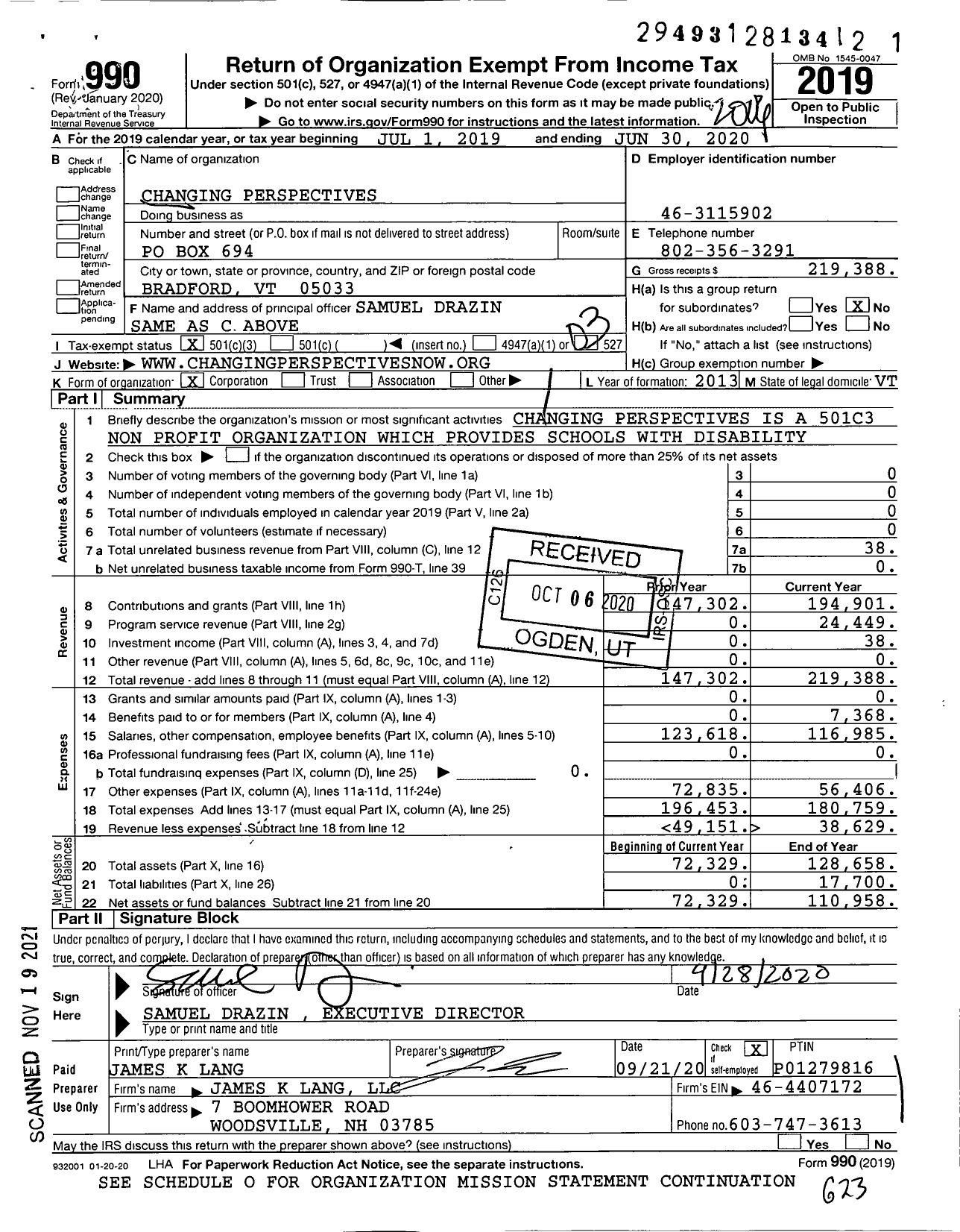 Image of first page of 2019 Form 990 for Changing Perspectives