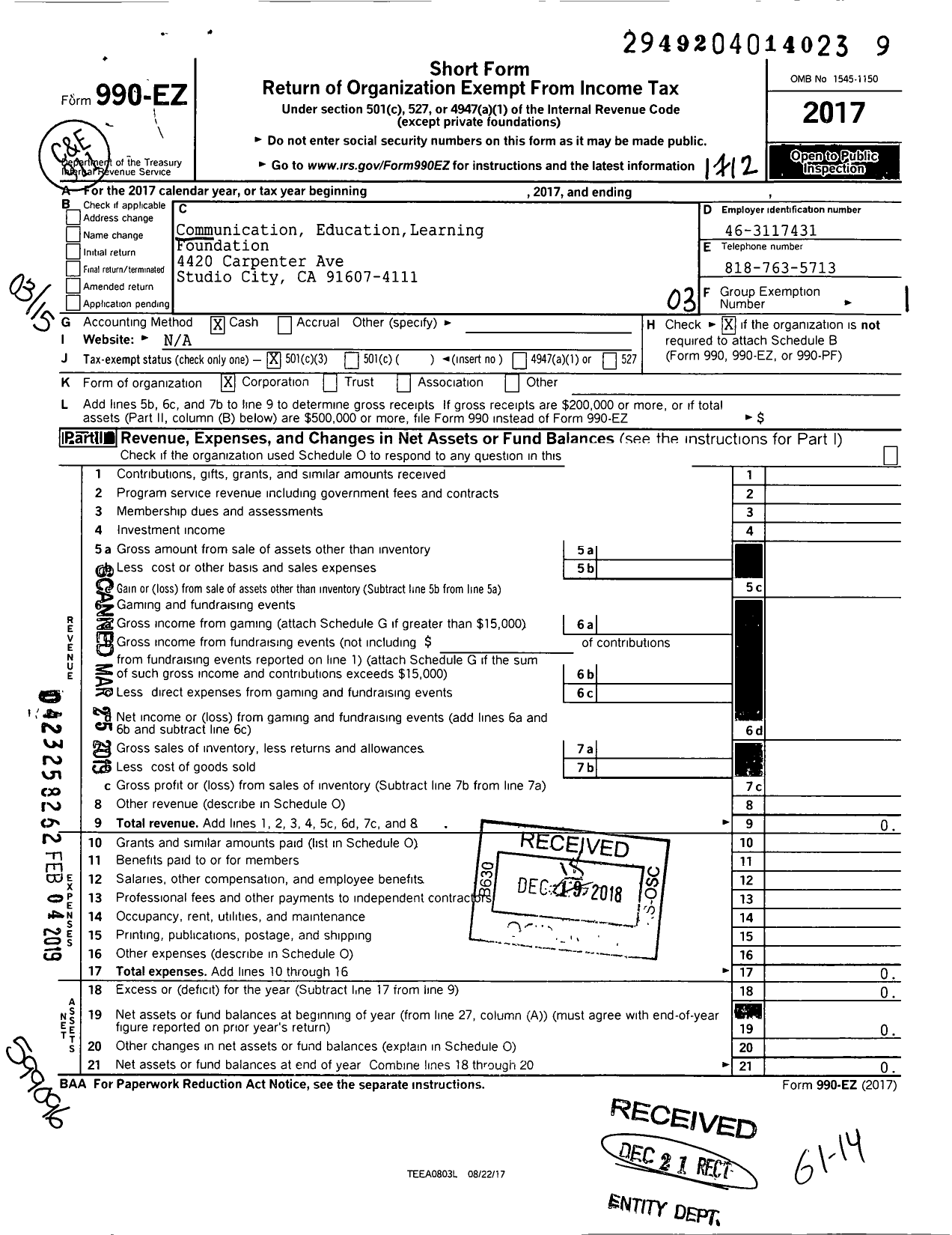 Image of first page of 2017 Form 990EZ for Communication EducationLearning Foundation