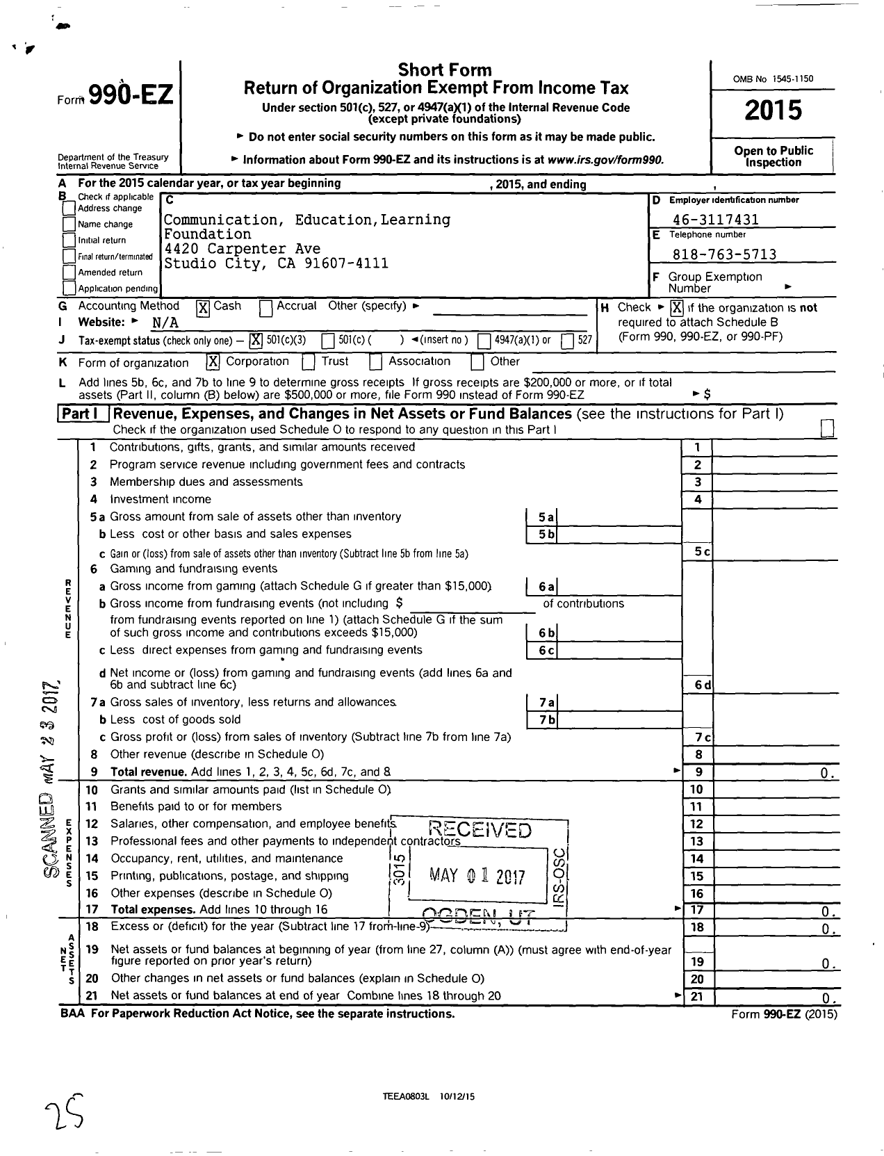 Image of first page of 2015 Form 990EZ for Communication EducationLearning Foundation