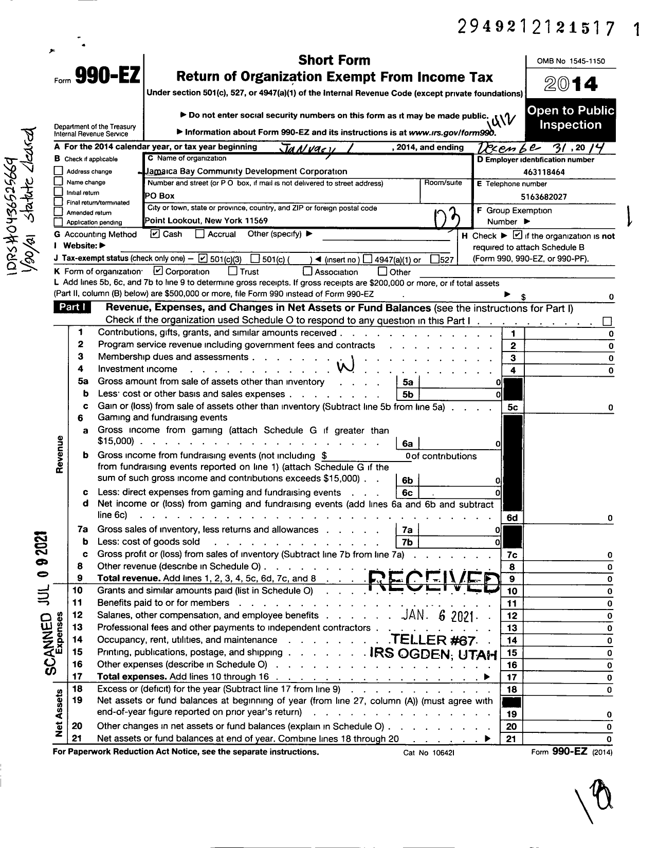 Image of first page of 2014 Form 990EZ for Jamaica Bay Community Development Corporation