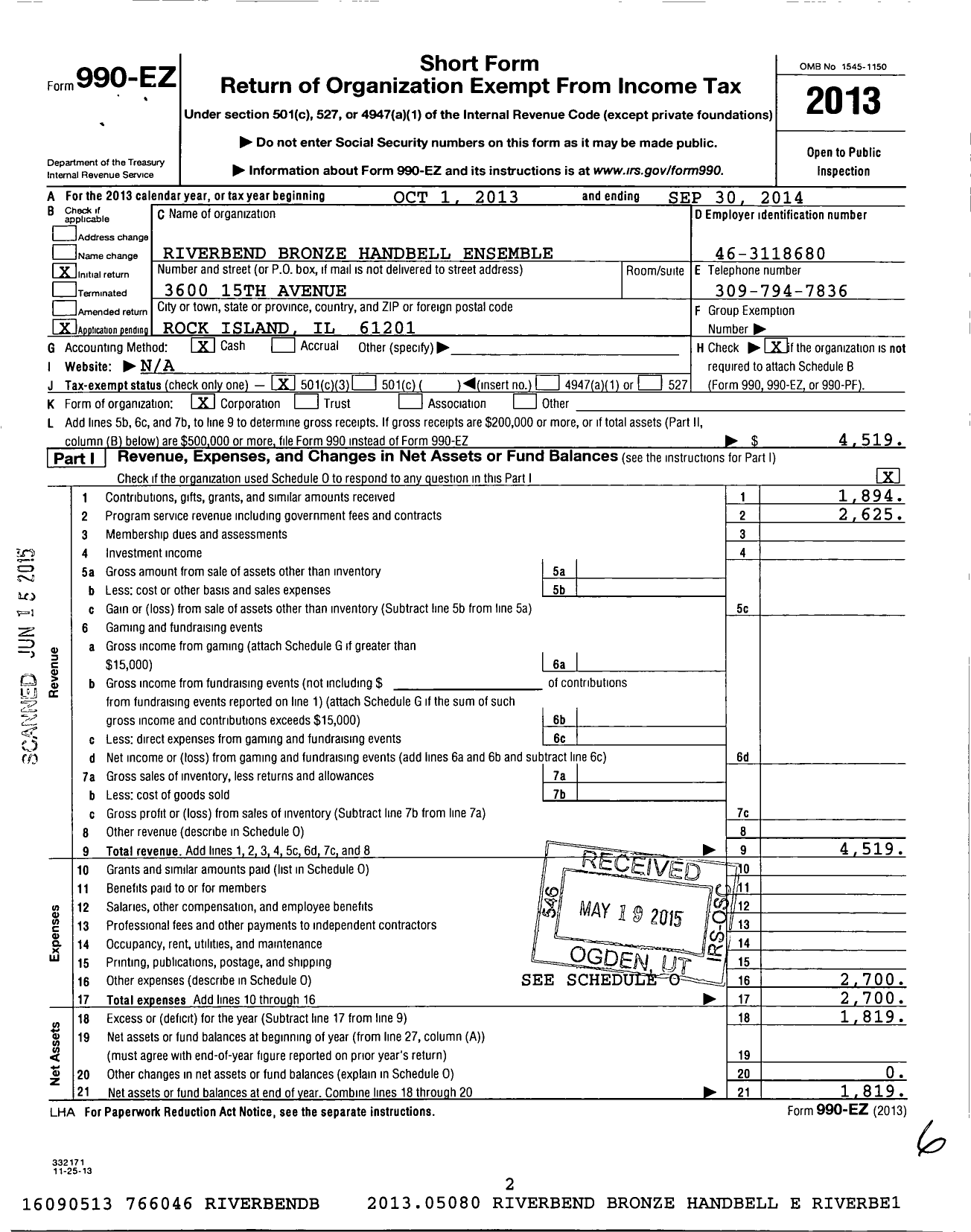 Image of first page of 2013 Form 990EZ for Riverbend Bronze