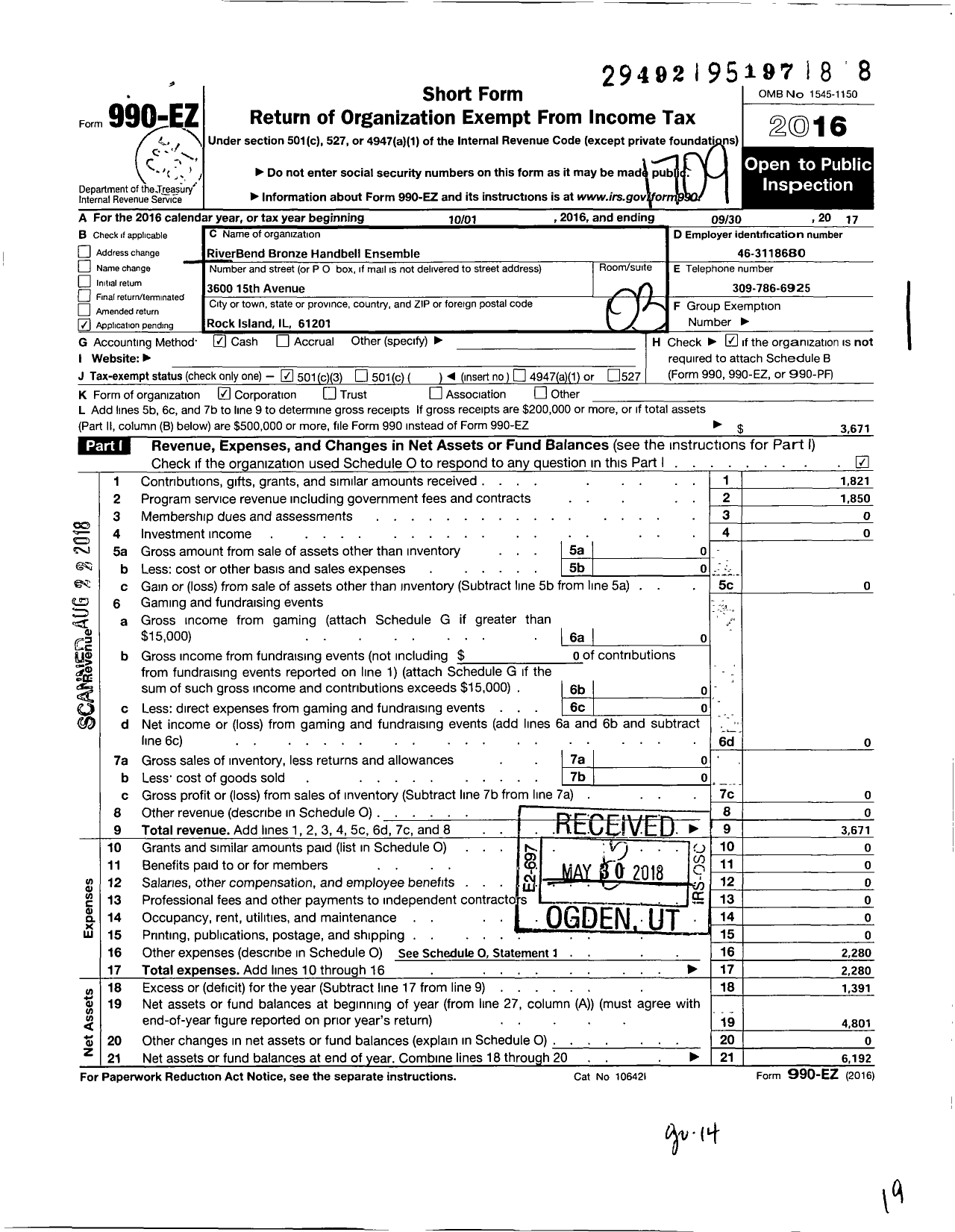 Image of first page of 2016 Form 990EZ for Riverbend Bronze