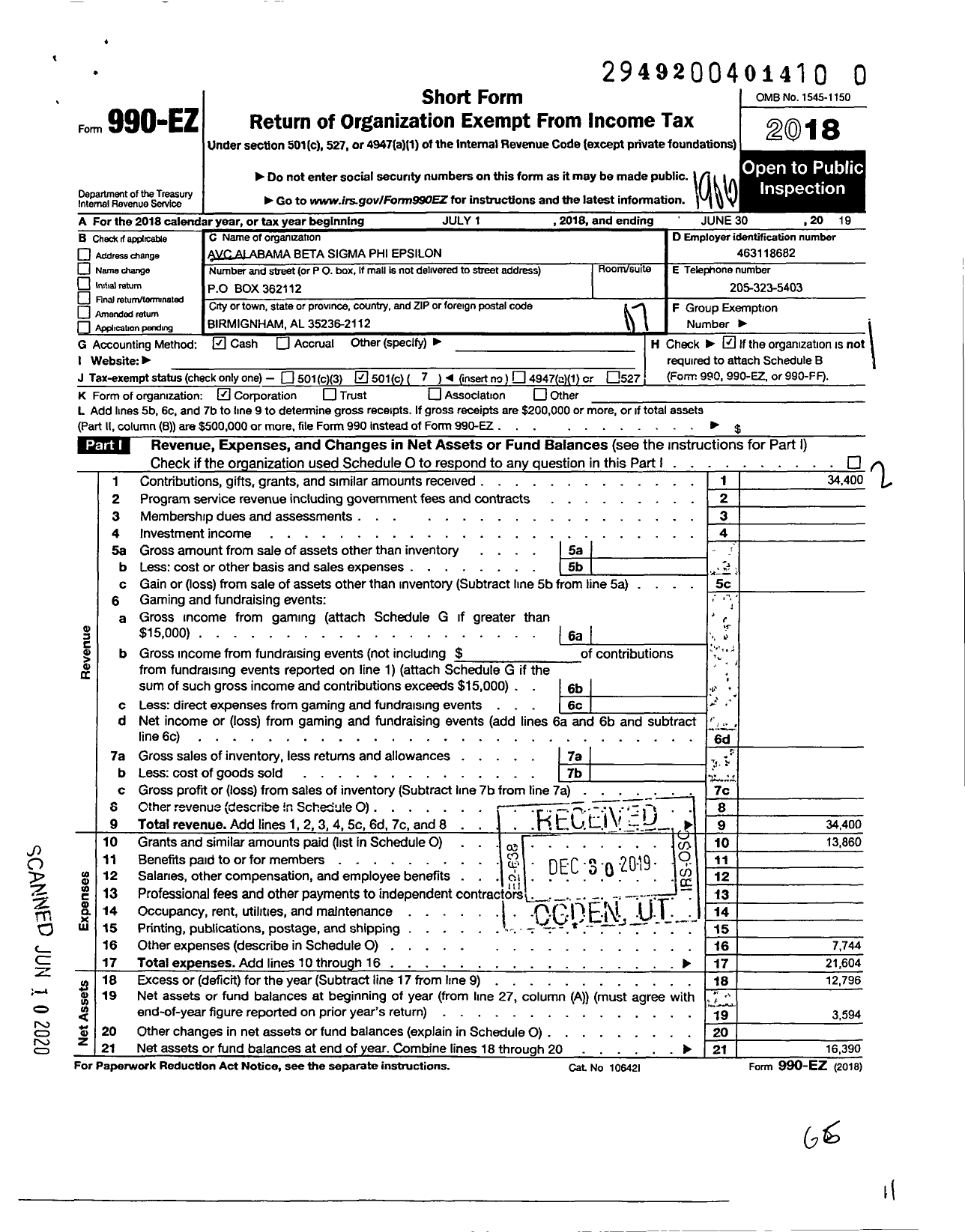 Image of first page of 2018 Form 990EO for Alumni and Volunteer Corporation Alabama Beta Chapter of Sigma Phi