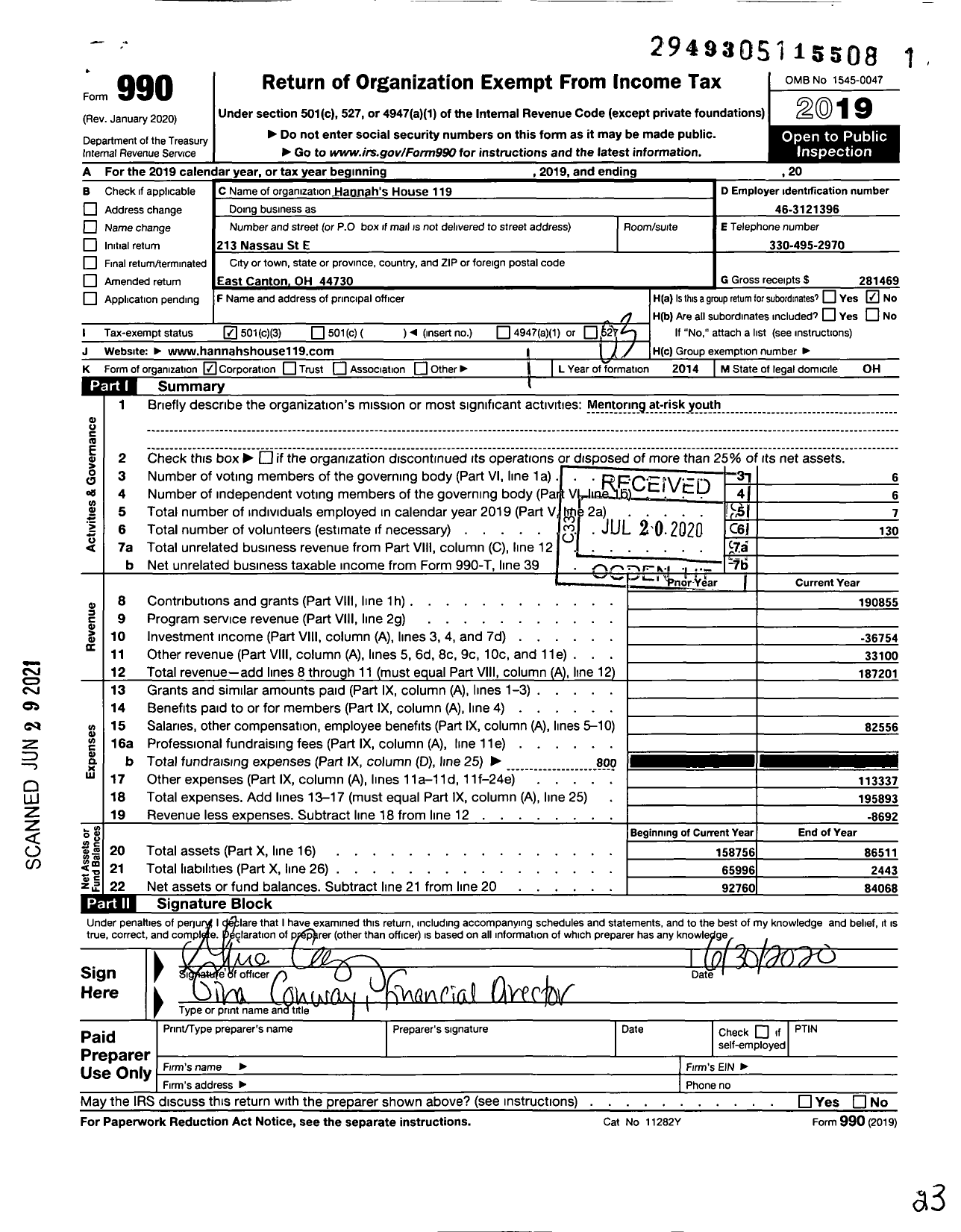 Image of first page of 2019 Form 990 for Hannah's House 119