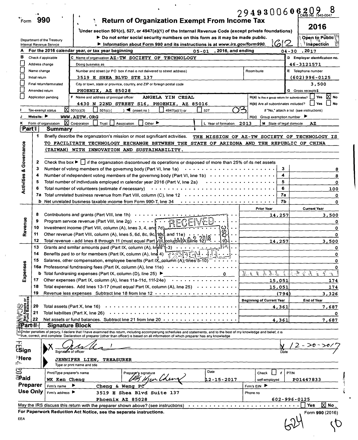 Image of first page of 2016 Form 990 for Az-Tw Society of Technology