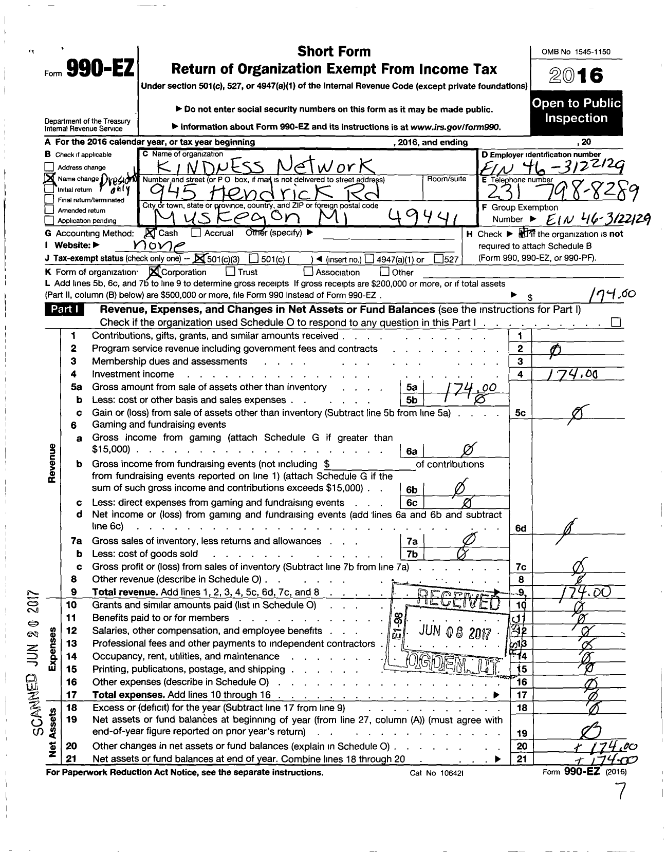 Image of first page of 2016 Form 990EZ for Kindness Network Incorporated